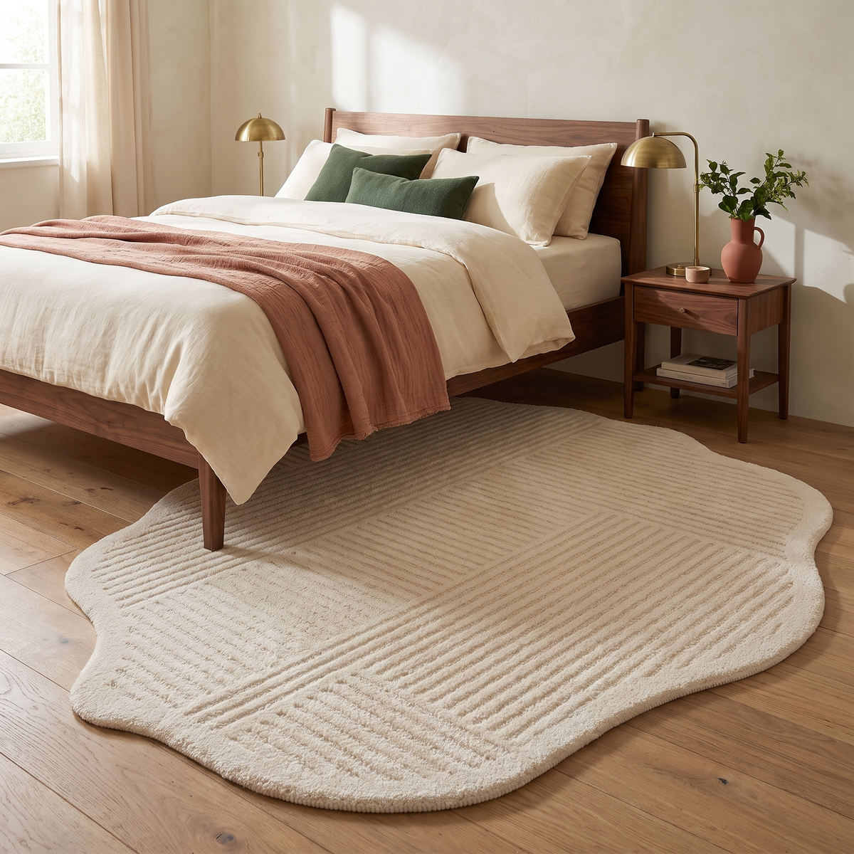 Alcala rug beside a walnut bed