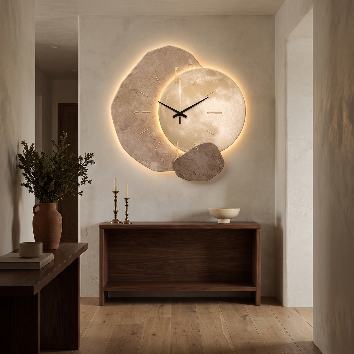 Selene clock type 2 above a walnut console at dusk