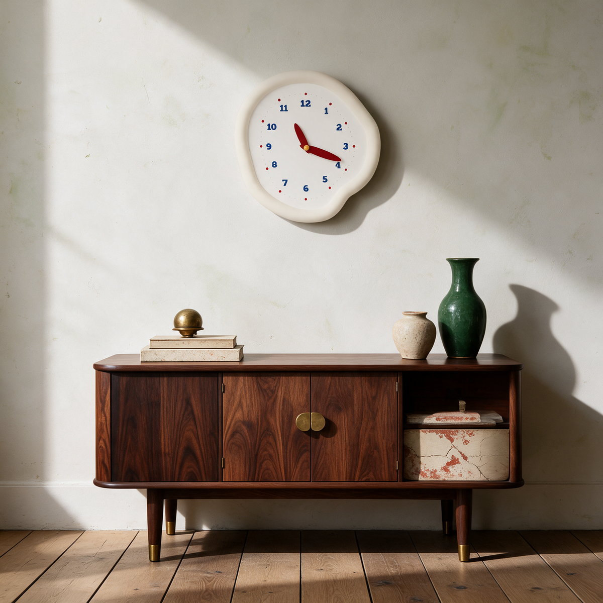 Ondara clock in white above a walnut console