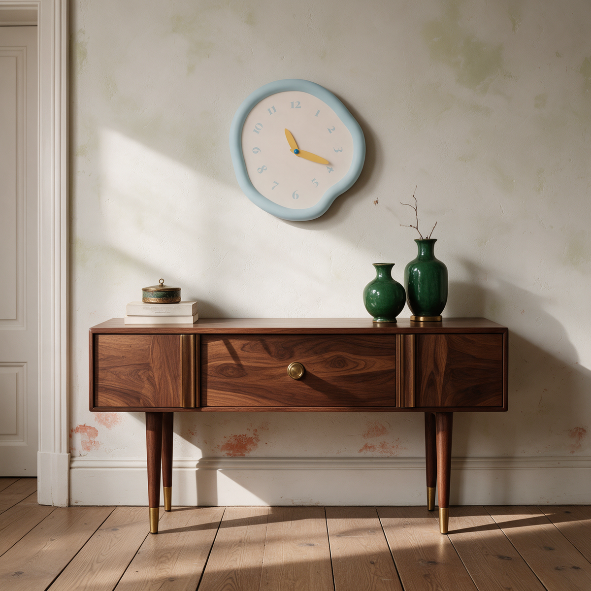 Ondara clock in baby blue above a walnut console