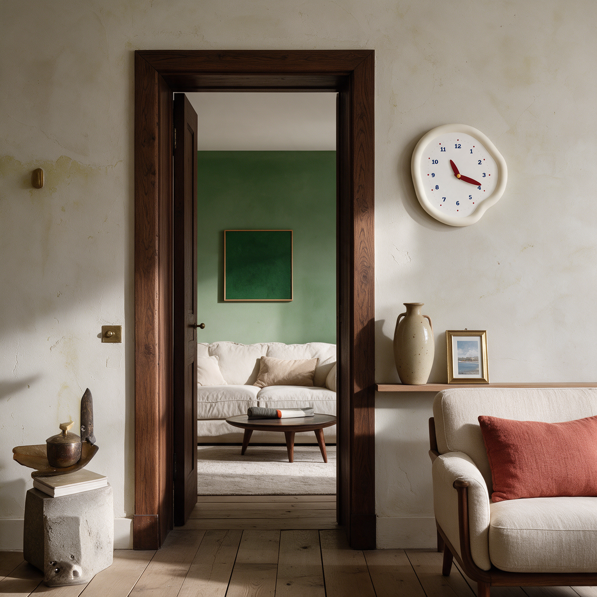 Ondara clock in white beside a doorway shelf