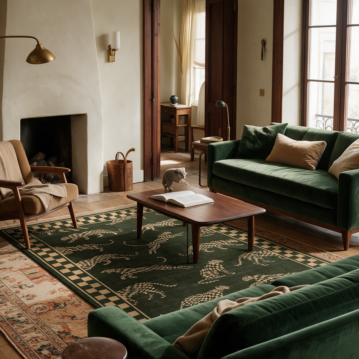 Jerez Cheetah Print Machine Washable Low Pile Area Rug for Living Rooms and Bedrooms, Green, in use