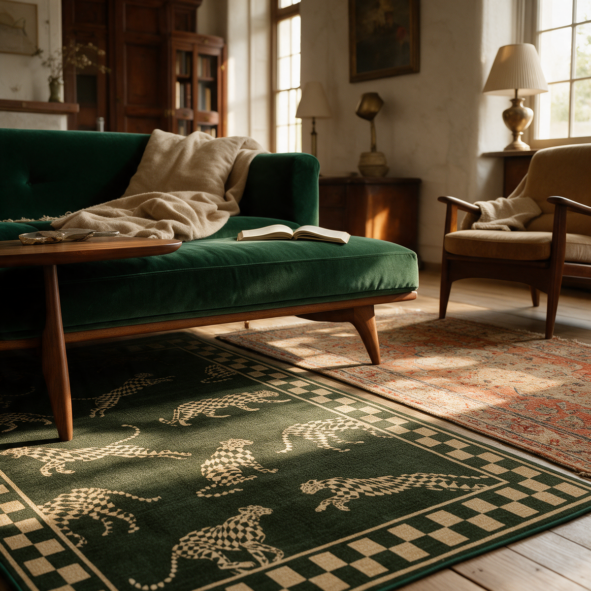 Jerez Cheetah Print Machine Washable Low Pile Area Rug for Living Rooms and Bedrooms, Green, material detail