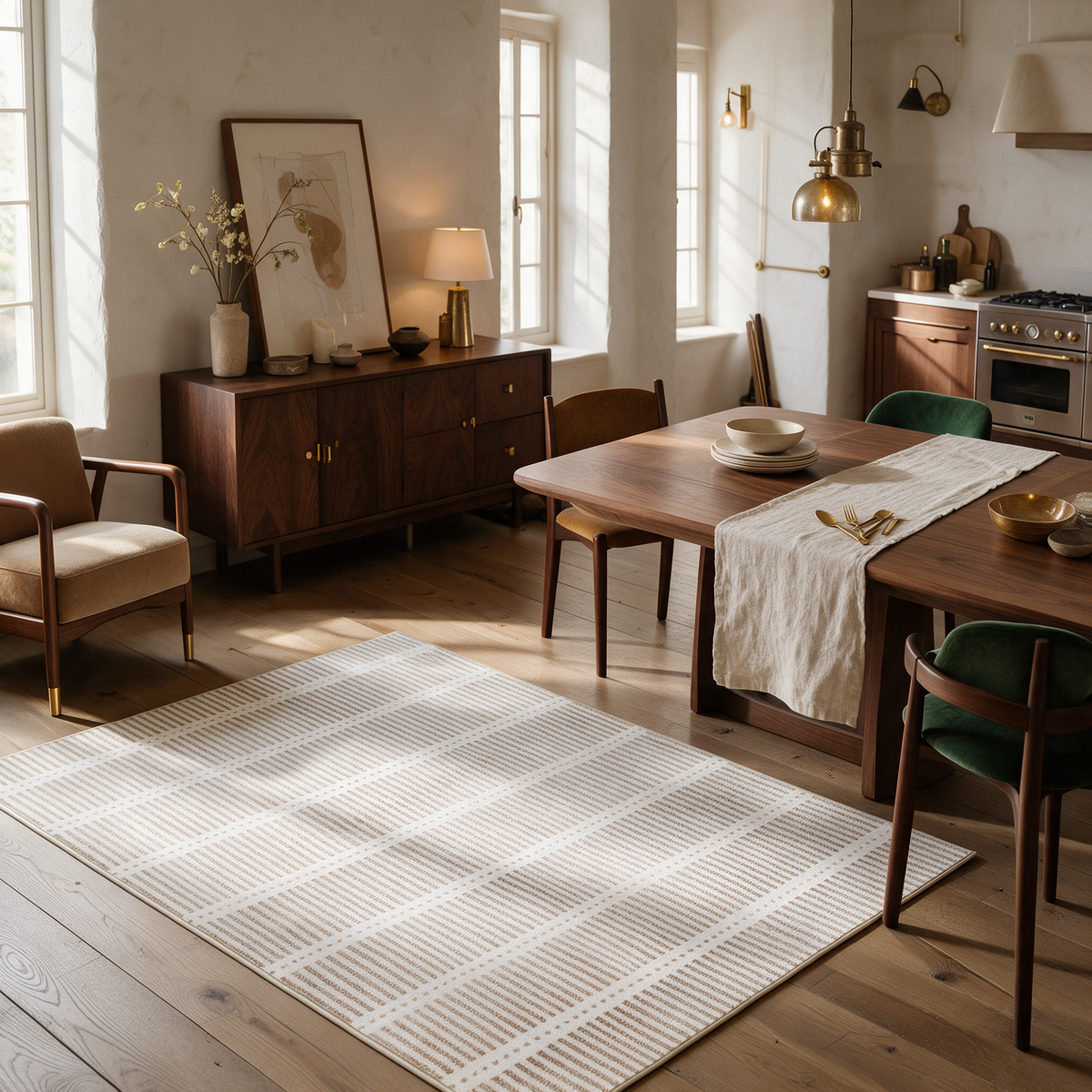 Baeza Striped Ultra Thin Washable Chenille Area Rug for Kitchens and Hallways, Beige, material detail