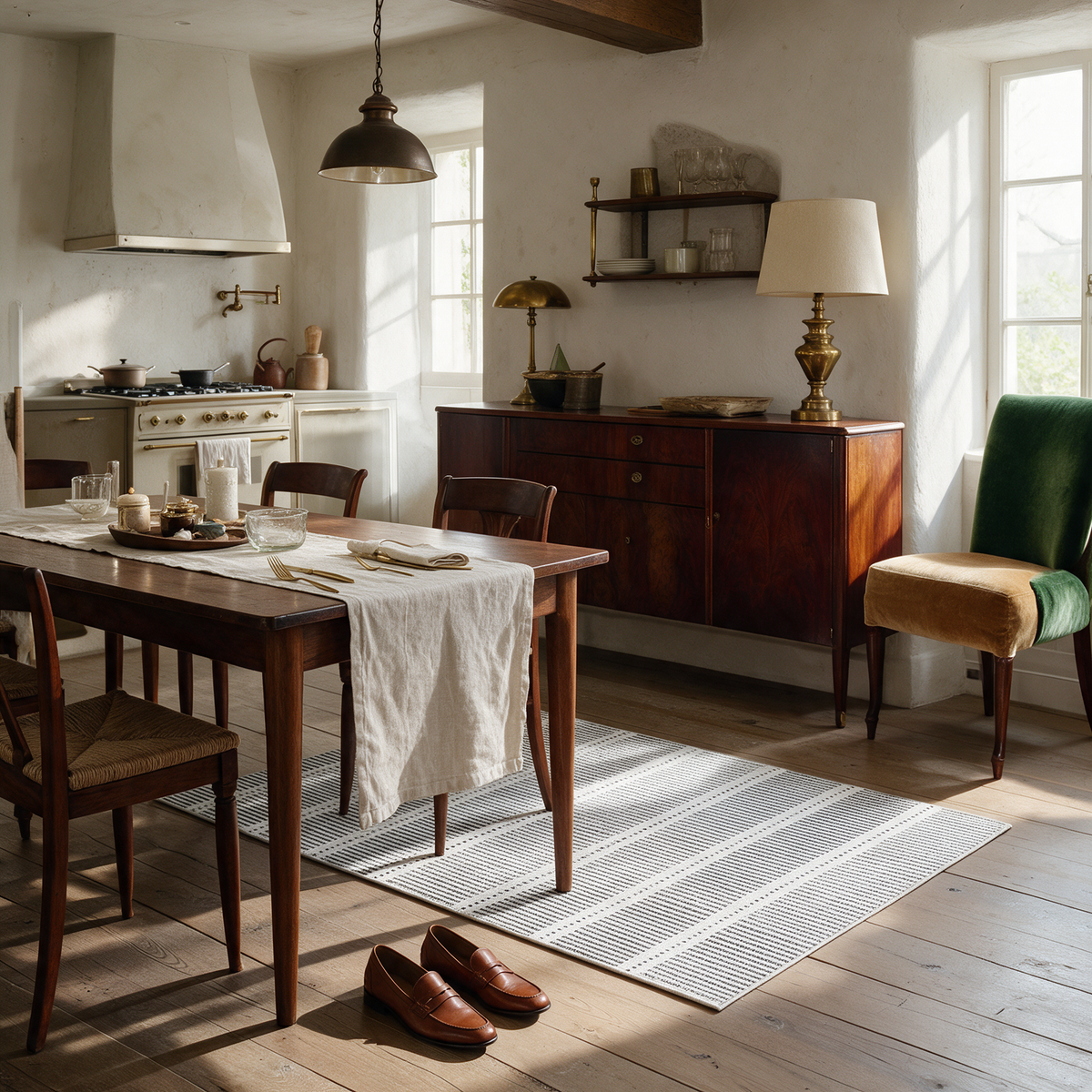Baeza Striped Ultra Thin Washable Chenille Area Rug for Kitchens and Hallways, Cream, in use
