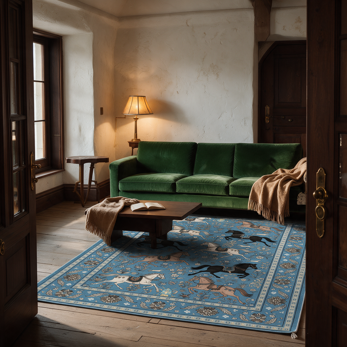 Antequera Horse Print Washable Low Pile Area Rug with Tassels for Living Rooms and Bedrooms, Blue, evening light