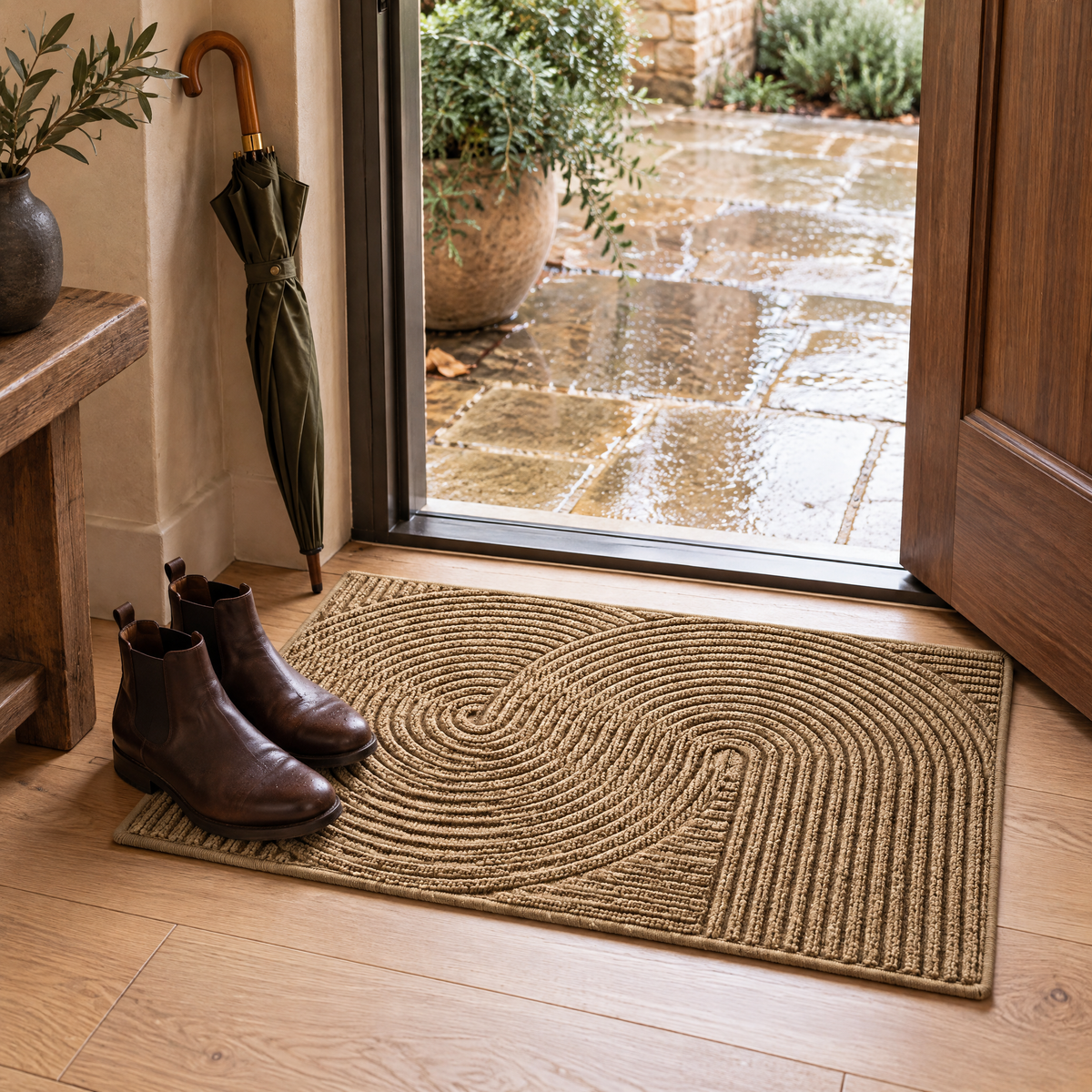 Adarra Non Slip Polypropylene Entry Door Mat for High Traffic Doorways, Khaki, in use at the door
