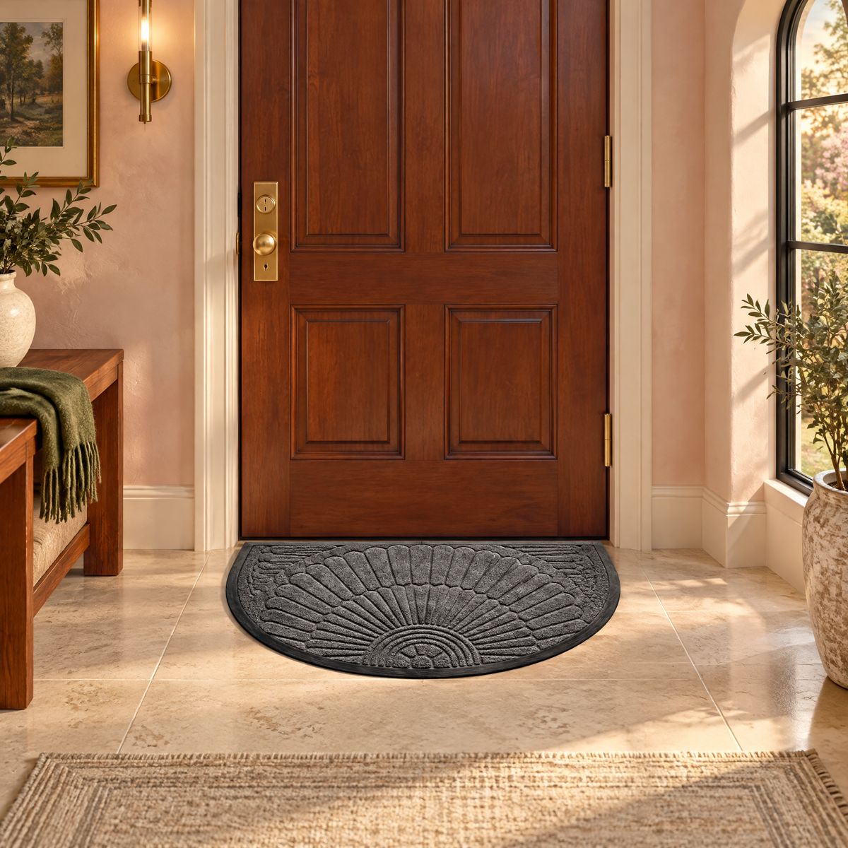 Lucena Rubber Backed Semicircular Entryway Mat for Front and Back Doors, Dark Grey, in the entry hall