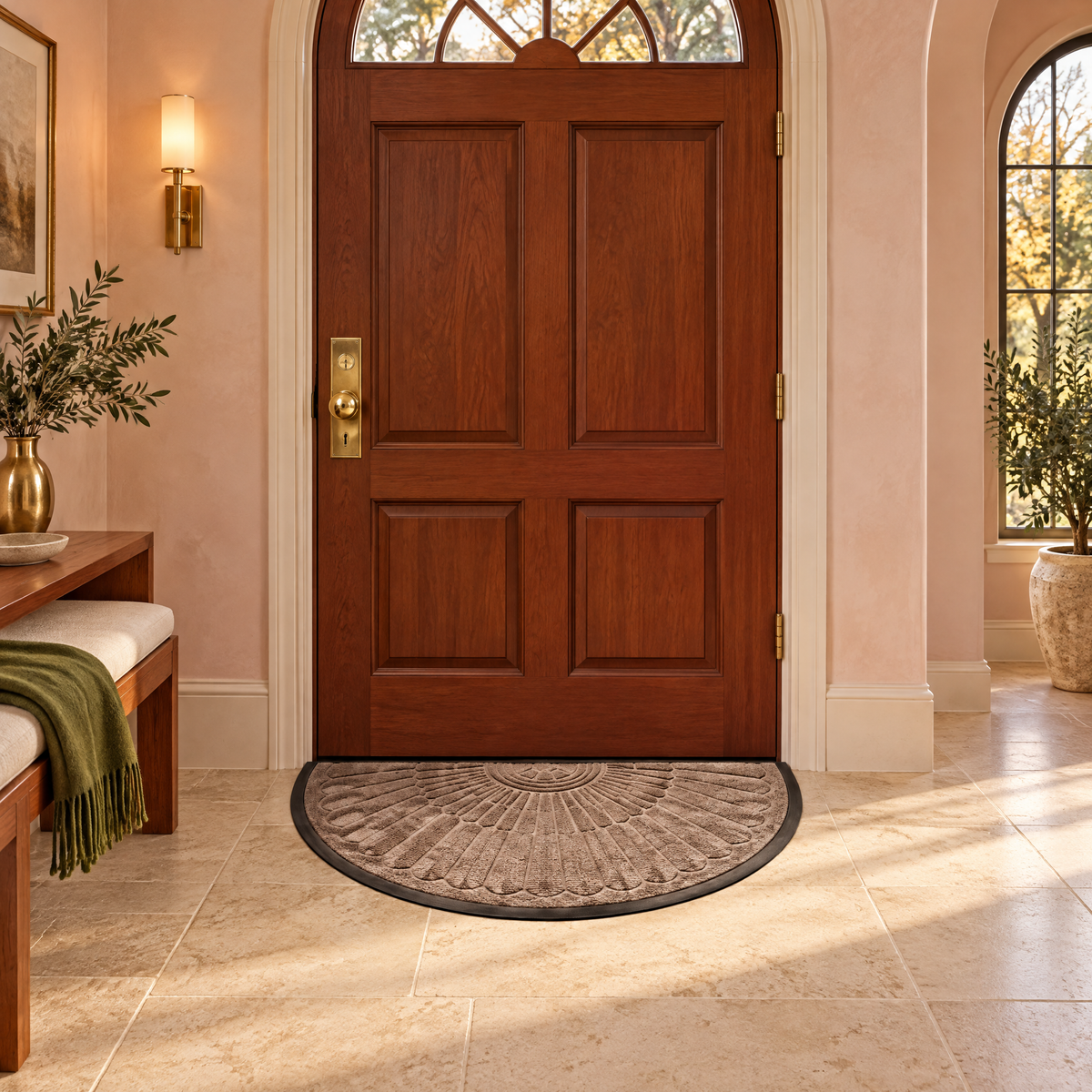 Lucena Rubber Backed Semicircular Entryway Mat for Front and Back Doors, Beige Brown, in the entry hall