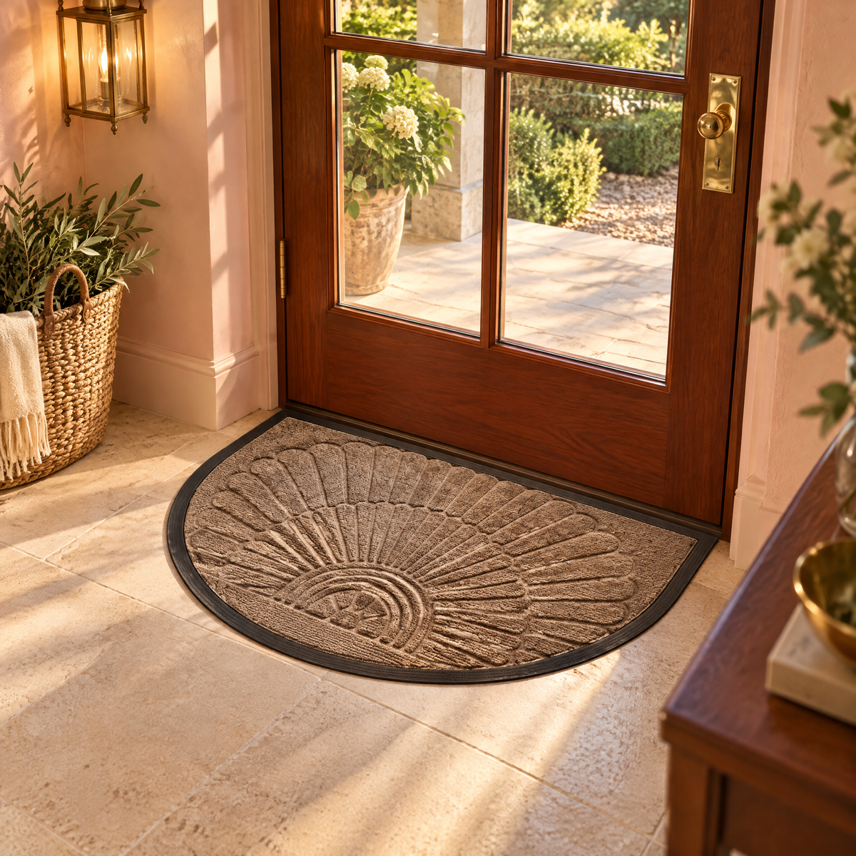 Lucena Rubber Backed Semicircular Entryway Mat for Front and Back Doors, Beige Brown, golden hour