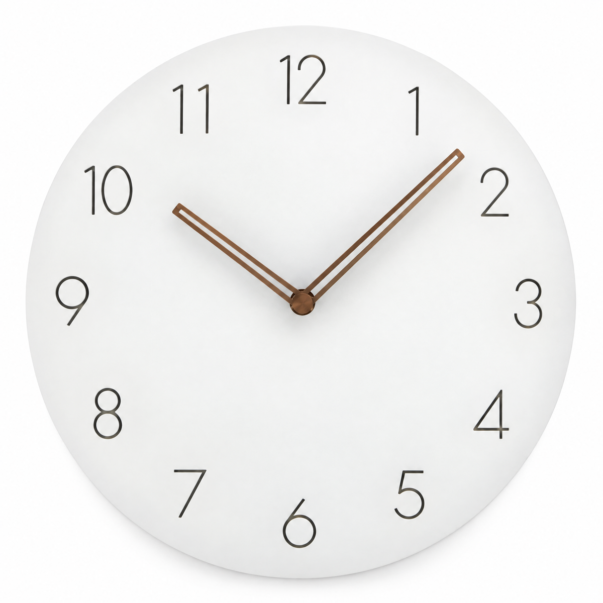 Caravaca Matte Round Silent Wall Clock with Wood Hands for Living Rooms, White, studio shot