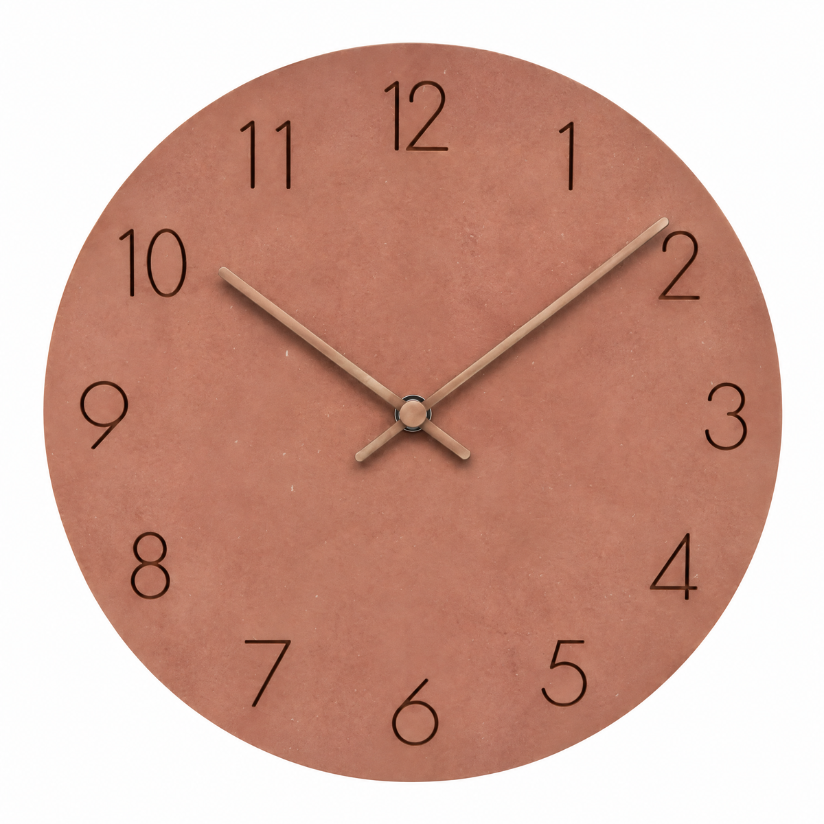 Caravaca Matte Round Silent Wall Clock with Wood Hands for Living Rooms, Terracotta, studio shot