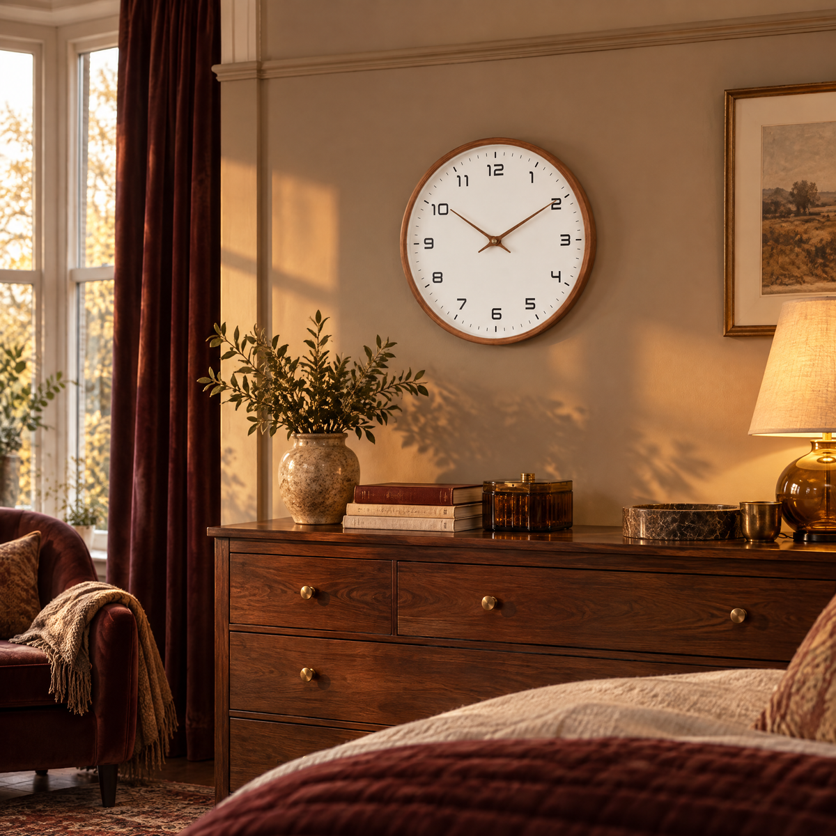 Biescas Round Wood Frame Silent Wall Clock for Kitchens and Living Rooms, Walnut Brown, golden hour