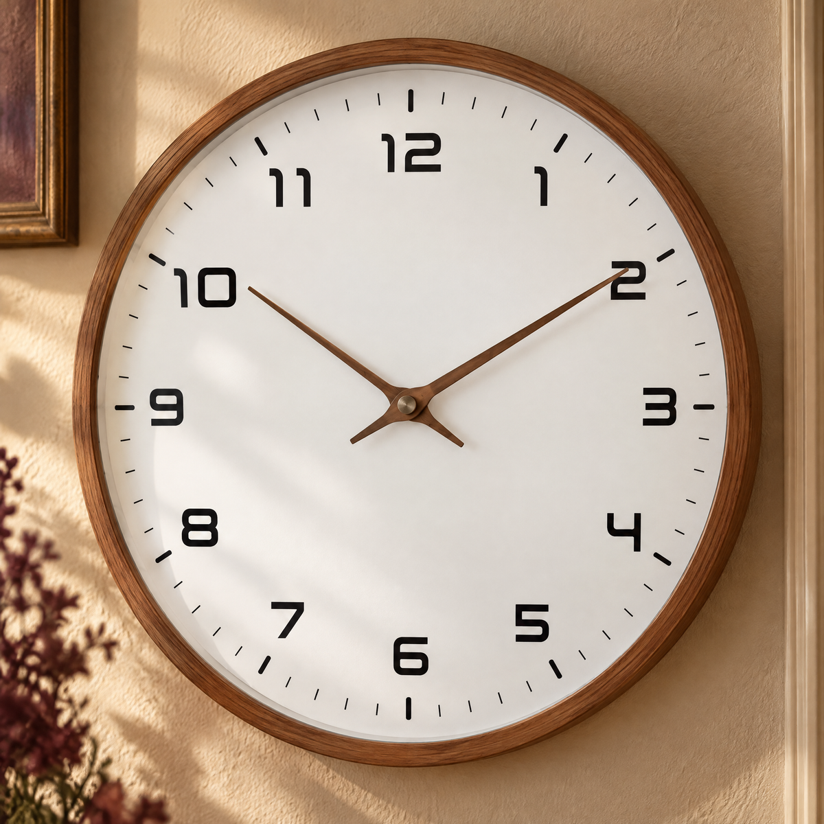 Biescas Round Wood Frame Silent Wall Clock for Kitchens and Living Rooms, Walnut Brown, material detail