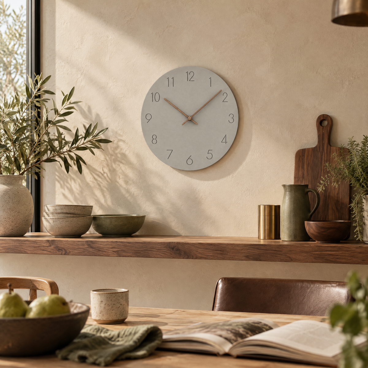 Caravaca Matte Round Silent Wall Clock with Wood Hands for Living Rooms, Grey, in use