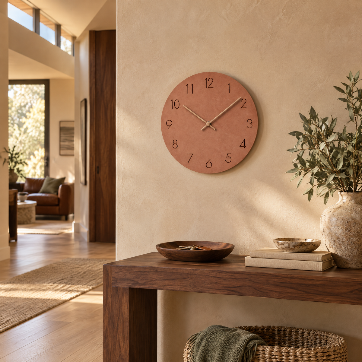 Caravaca Matte Round Silent Wall Clock with Wood Hands for Living Rooms, Terracotta, in the room