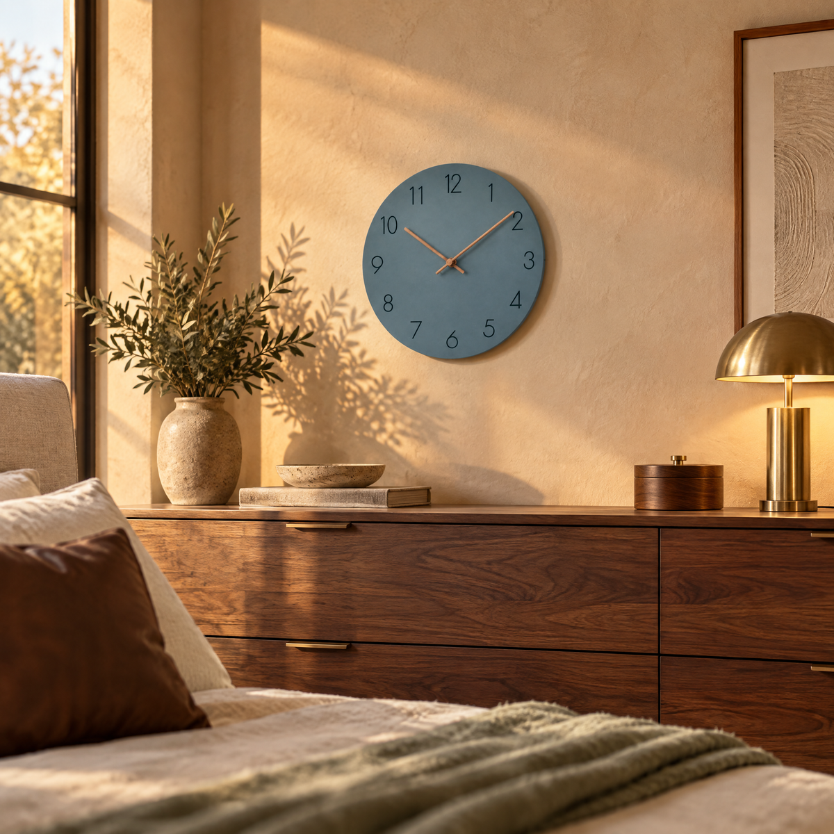 Caravaca Matte Round Silent Wall Clock with Wood Hands for Living Rooms, Slate Blue, golden hour