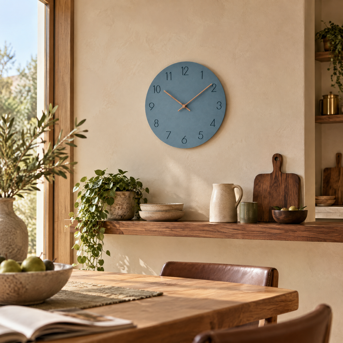 Caravaca Matte Round Silent Wall Clock with Wood Hands for Living Rooms, Slate Blue, in use