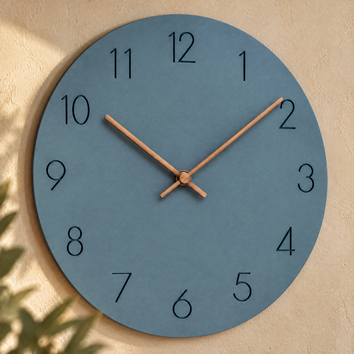 Caravaca Matte Round Silent Wall Clock with Wood Hands for Living Rooms, Slate Blue, material detail