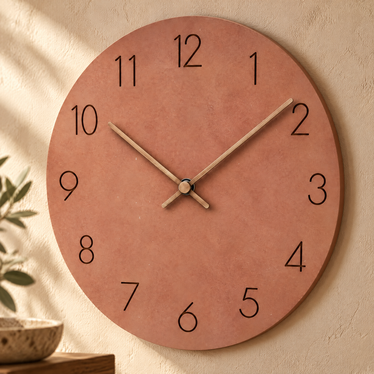Caravaca Matte Round Silent Wall Clock with Wood Hands for Living Rooms, Terracotta, material detail