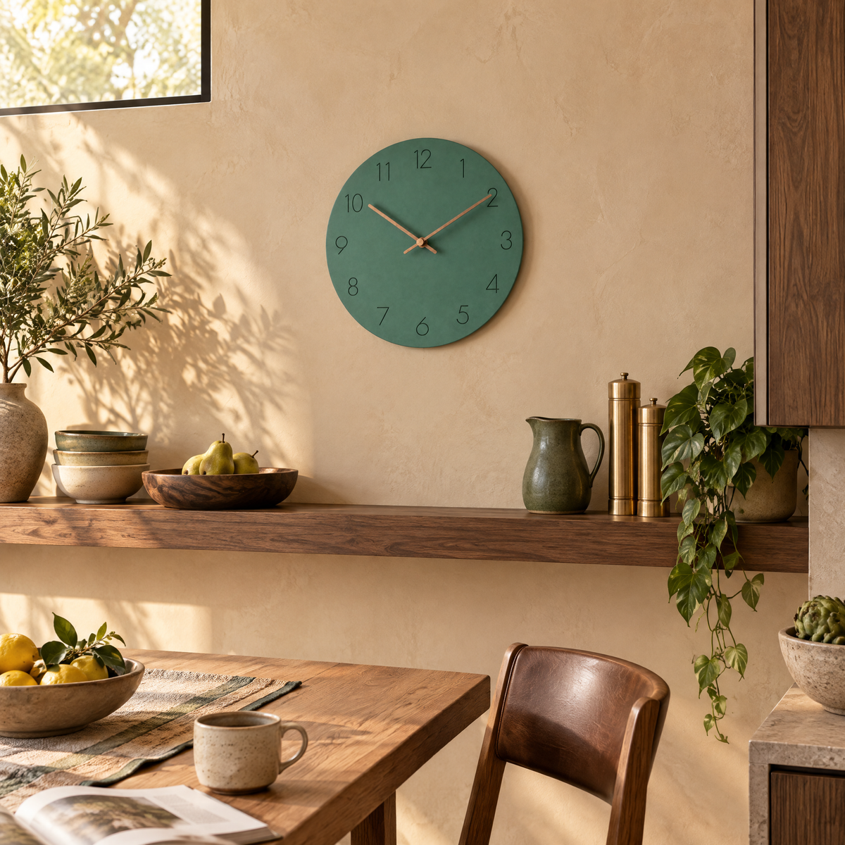 Caravaca Matte Round Silent Wall Clock with Wood Hands for Living Rooms, Sea Green, in use