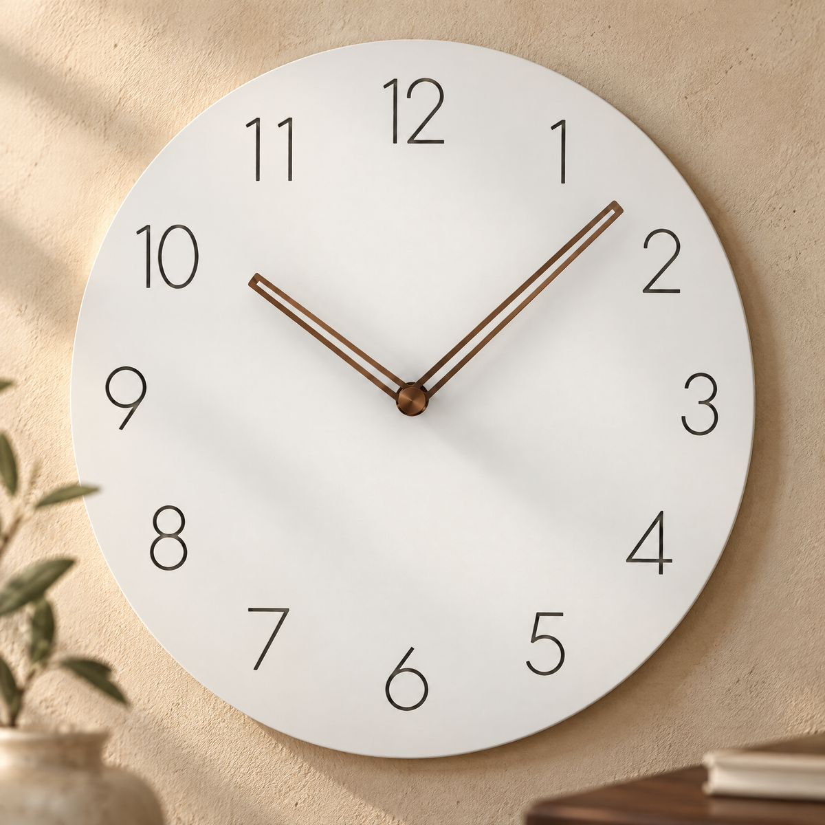 Caravaca Matte Round Silent Wall Clock with Wood Hands for Living Rooms, White, material detail