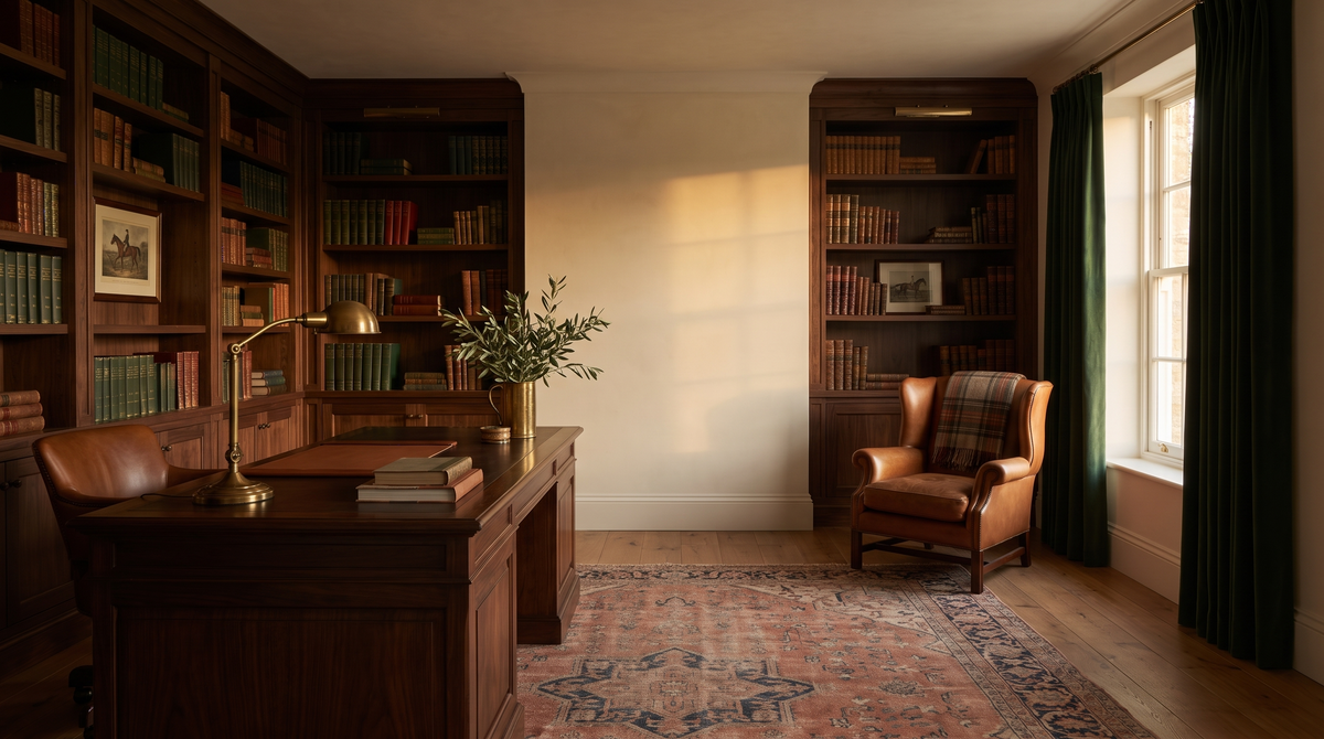 Boleri interior in walnut, aged brass and forest green
