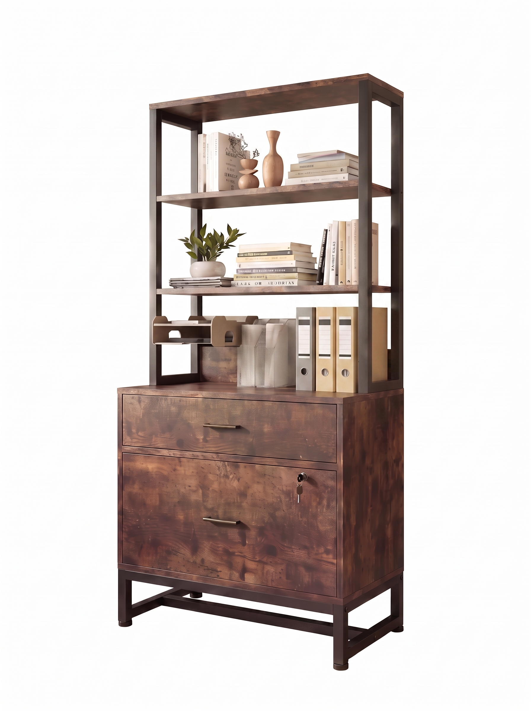 Marbella lockable two drawer file cabinet with four tier bookshelf, studio product image