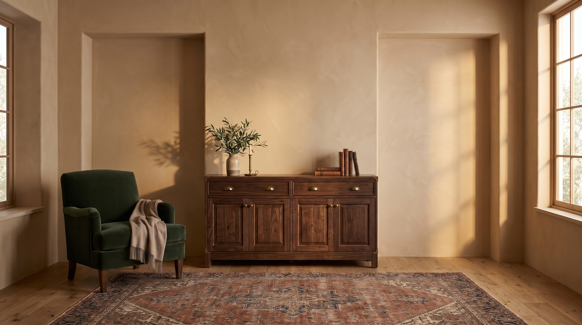 Boleri living room in walnut, brass and forest green