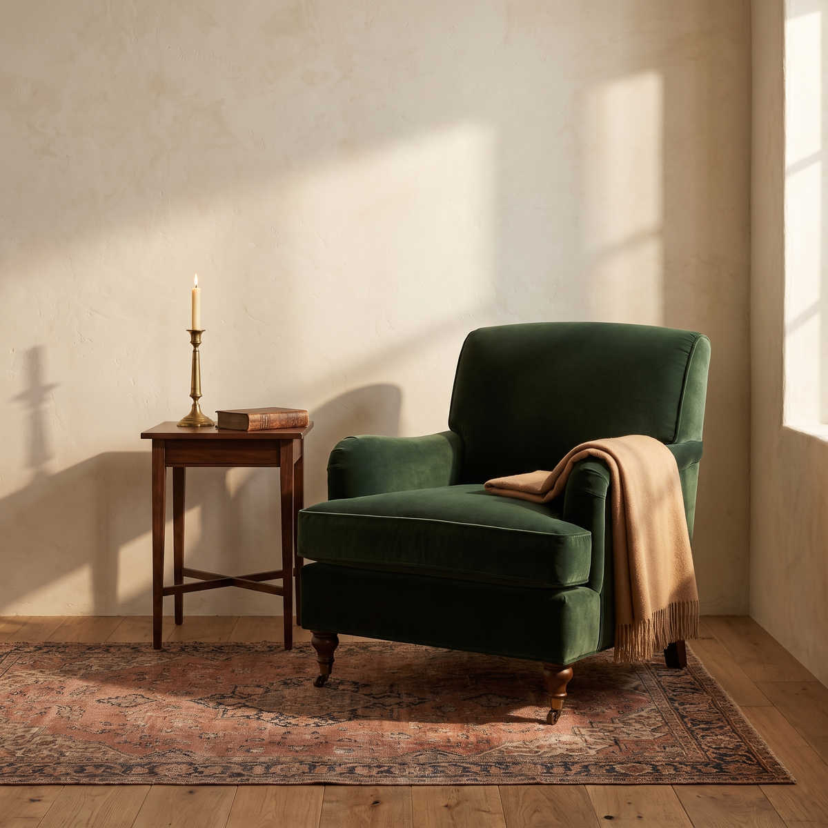 Forest green velvet armchair reading corner with wool throw