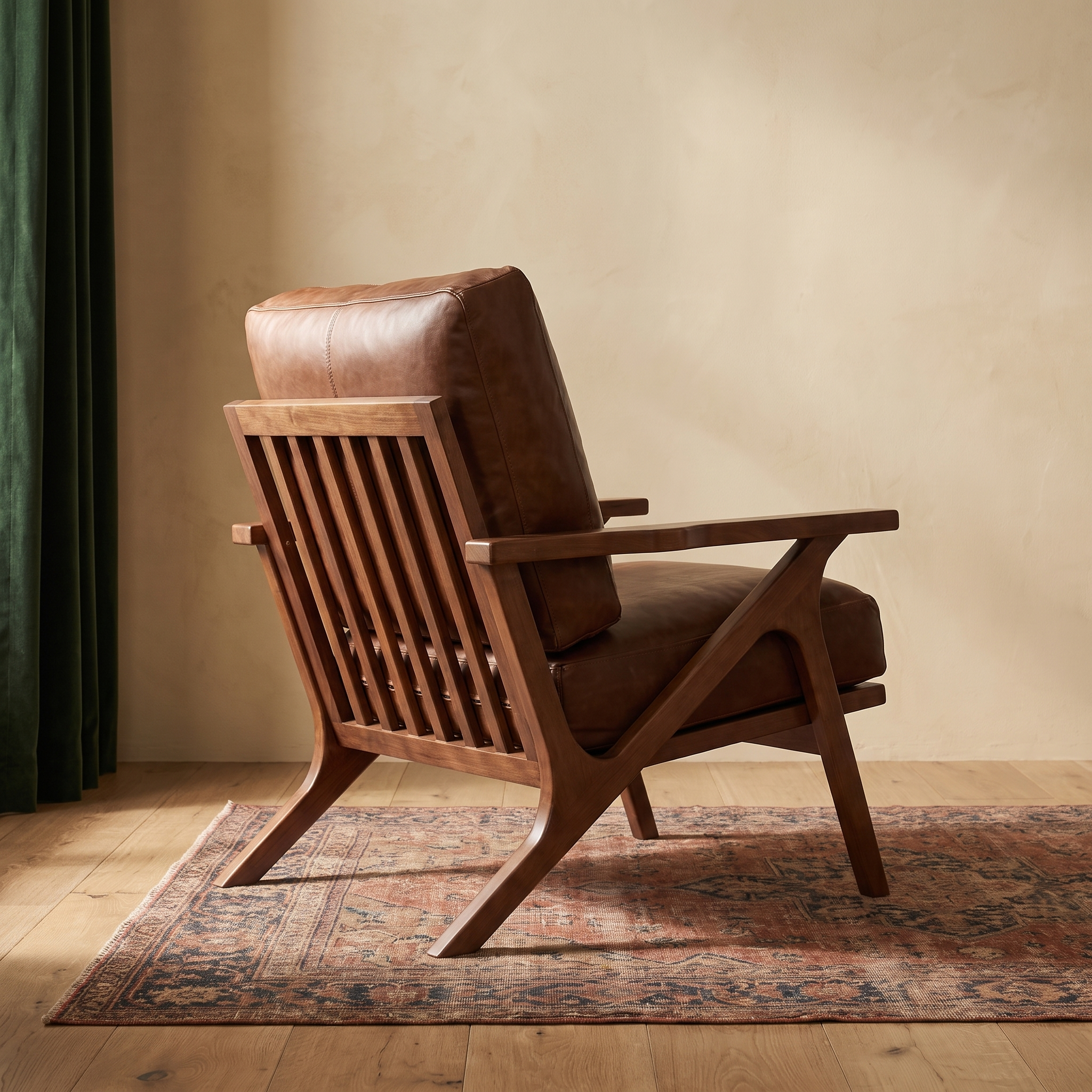 Halvern armchair, three quarter view showing the slatted back