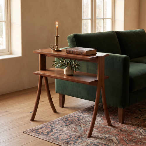 Calvia side table beside a forest green sofa on a faded Persian rug
