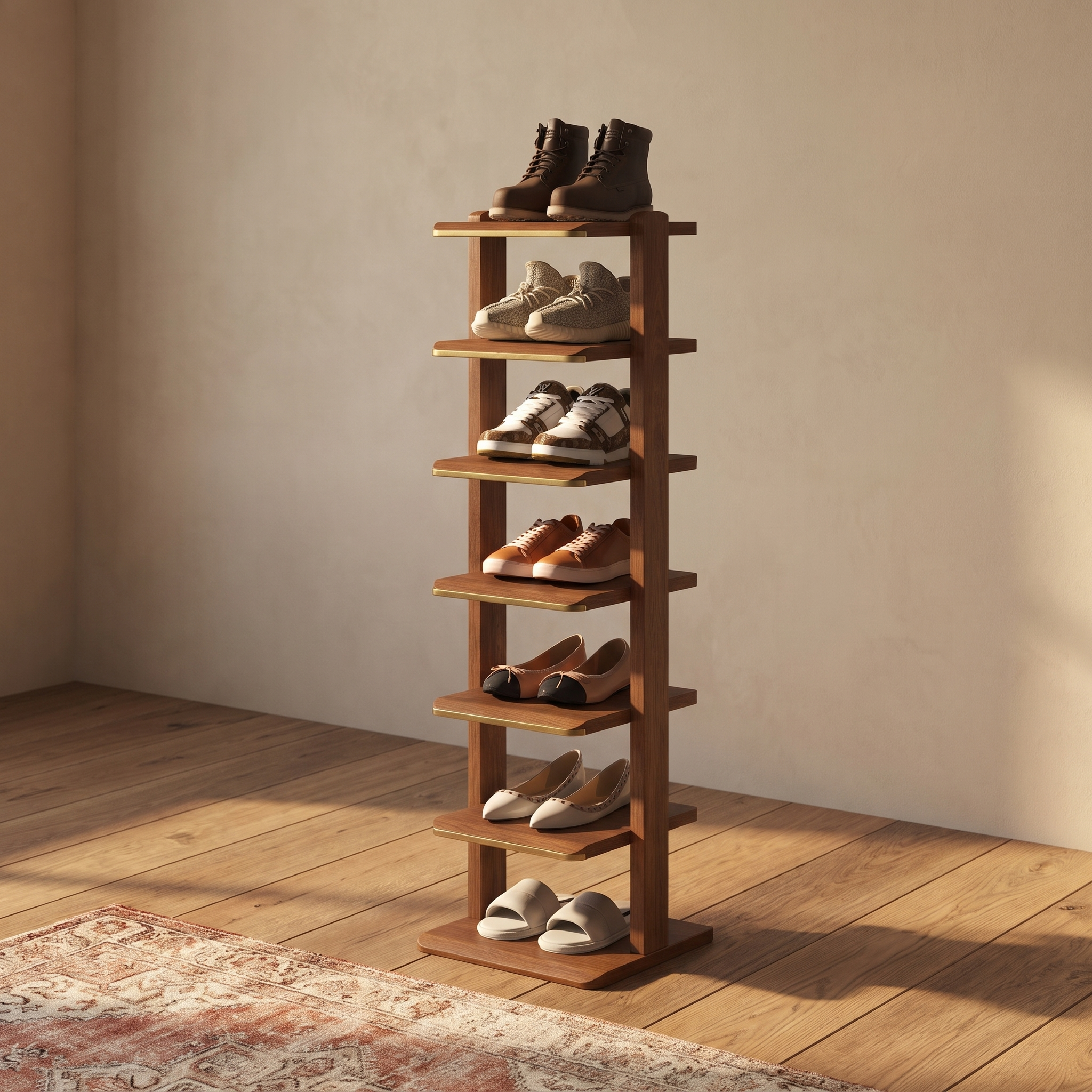 Nadira shoe rack, low angle showing the upright frame