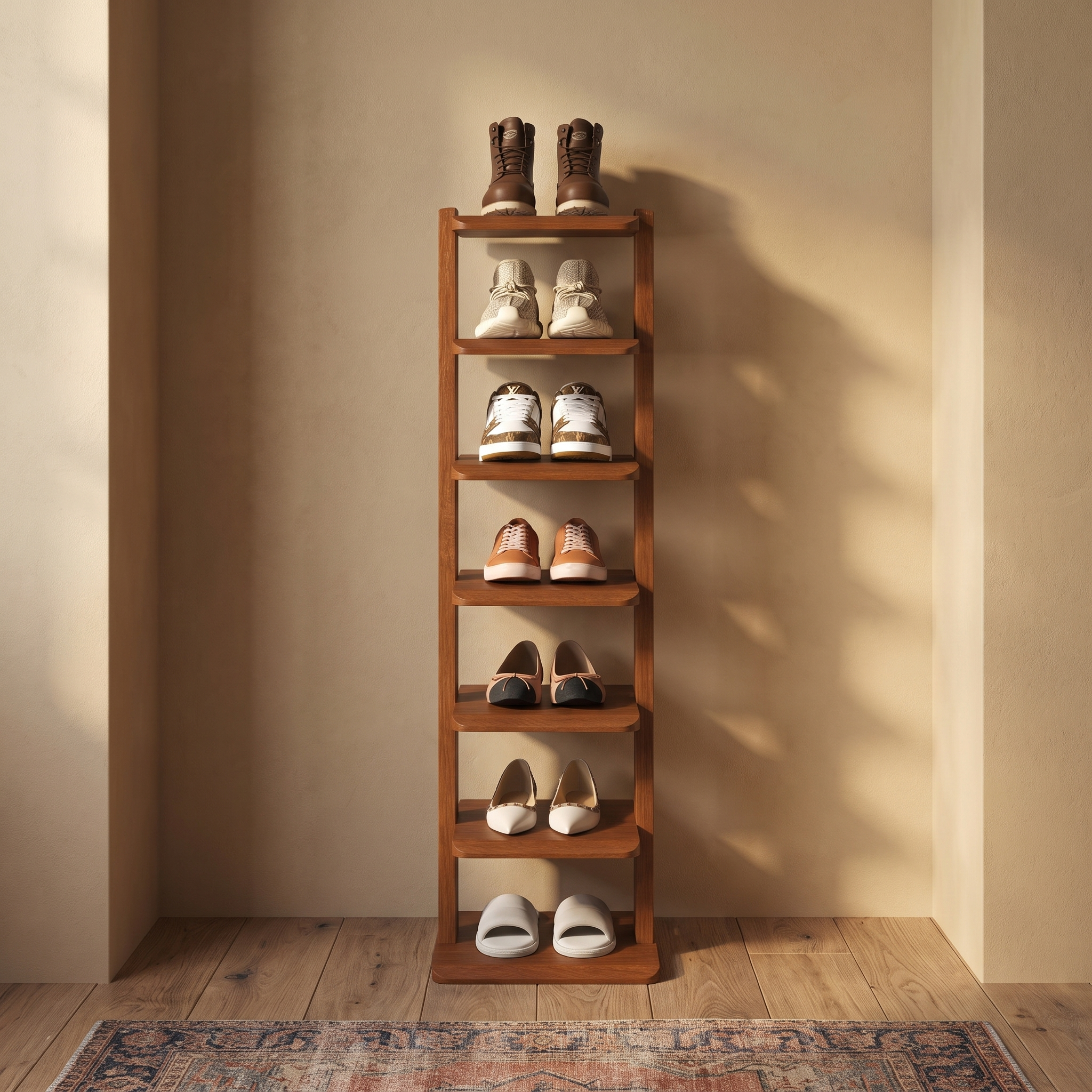 Nadira shoe rack in a narrow entryway against warm plaster