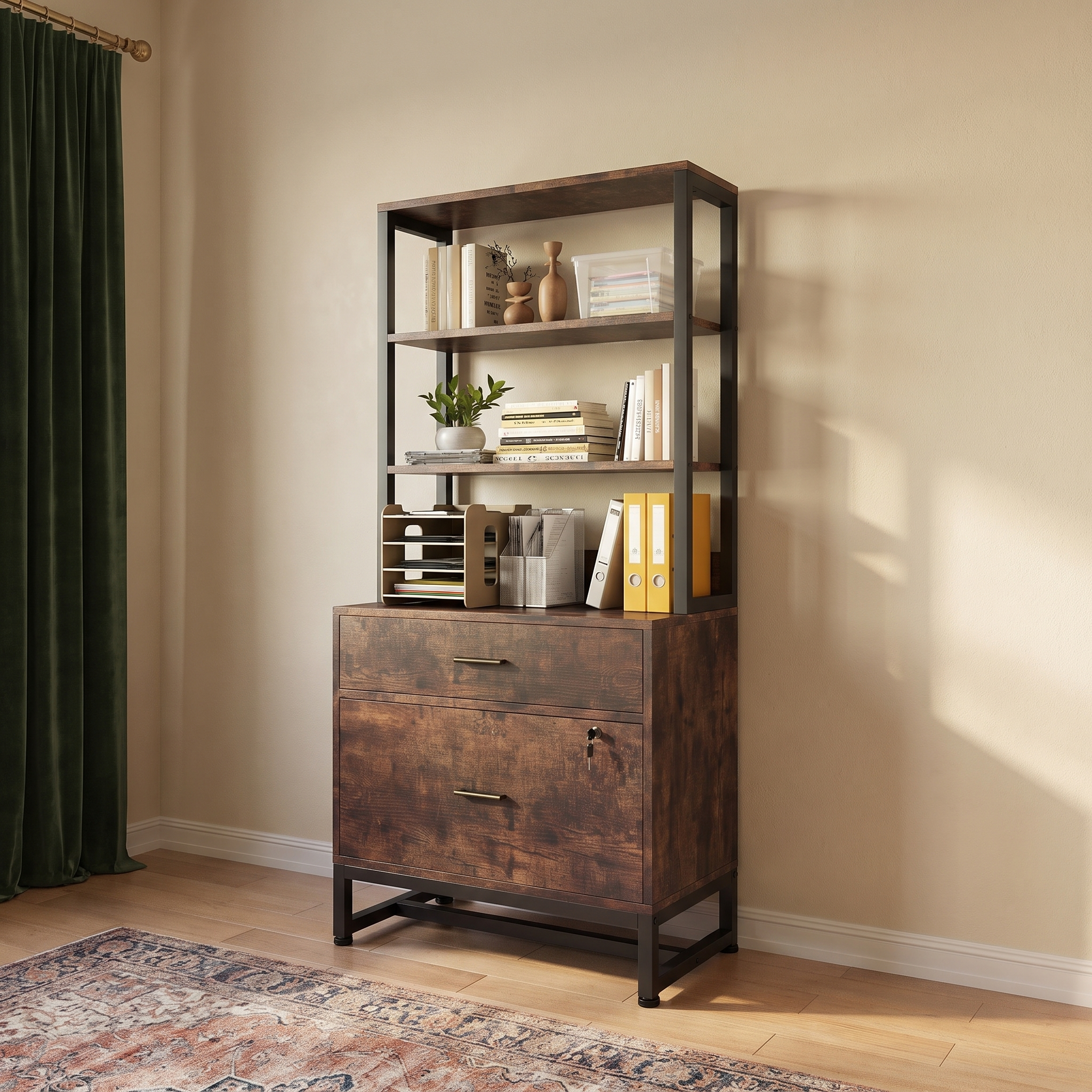 Marbella file cabinet, three quarter view showing drawers and shelves