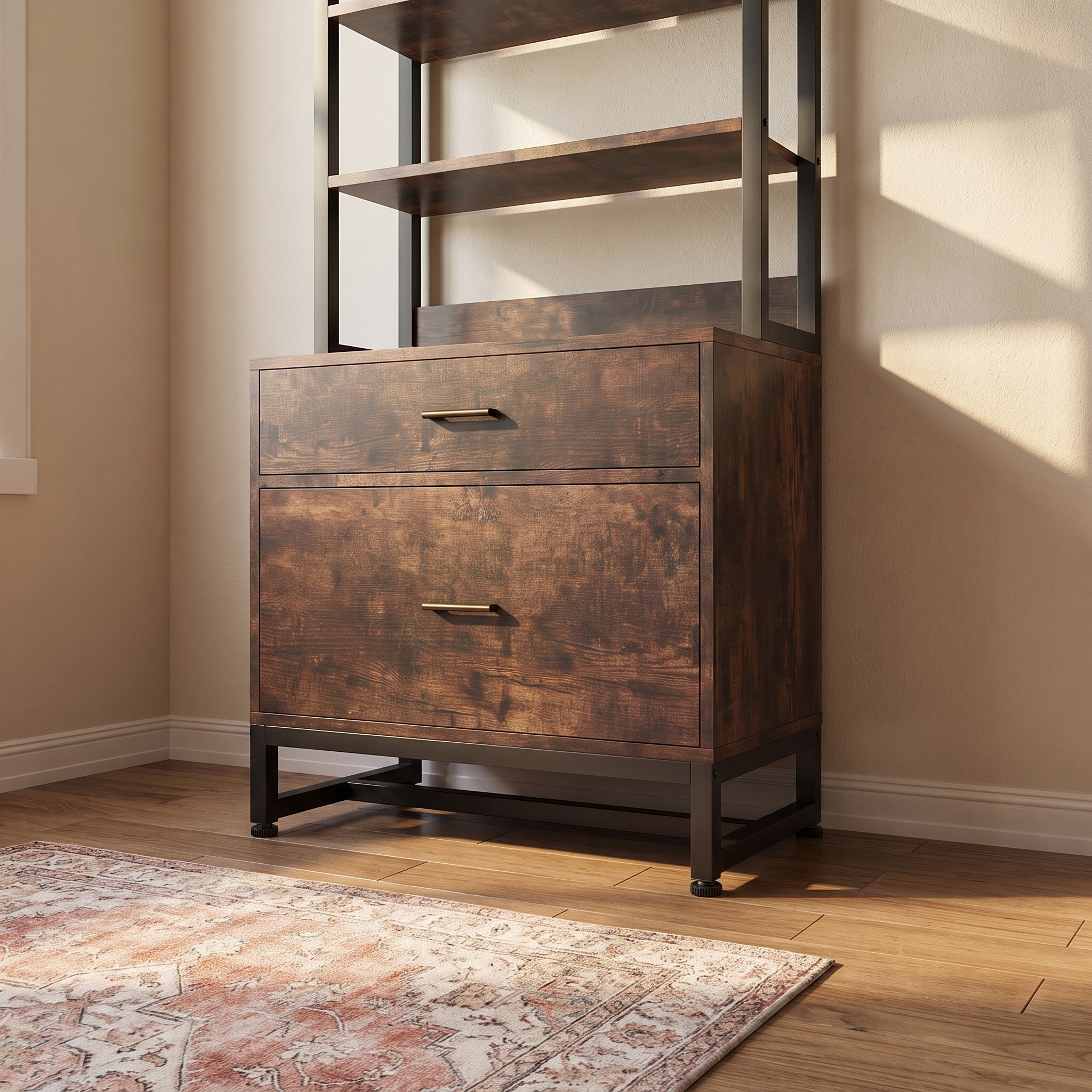 Marbella file cabinet, low angle showing the base and foot pads
