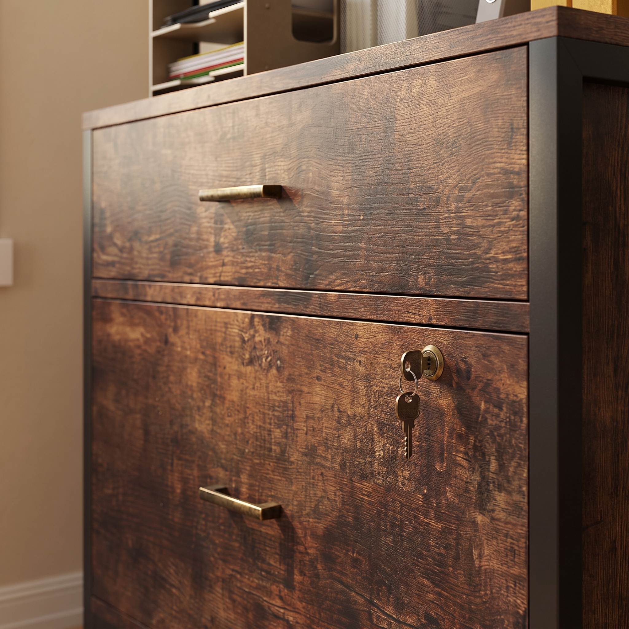 Marbella file cabinet drawer front, pull and lock detail