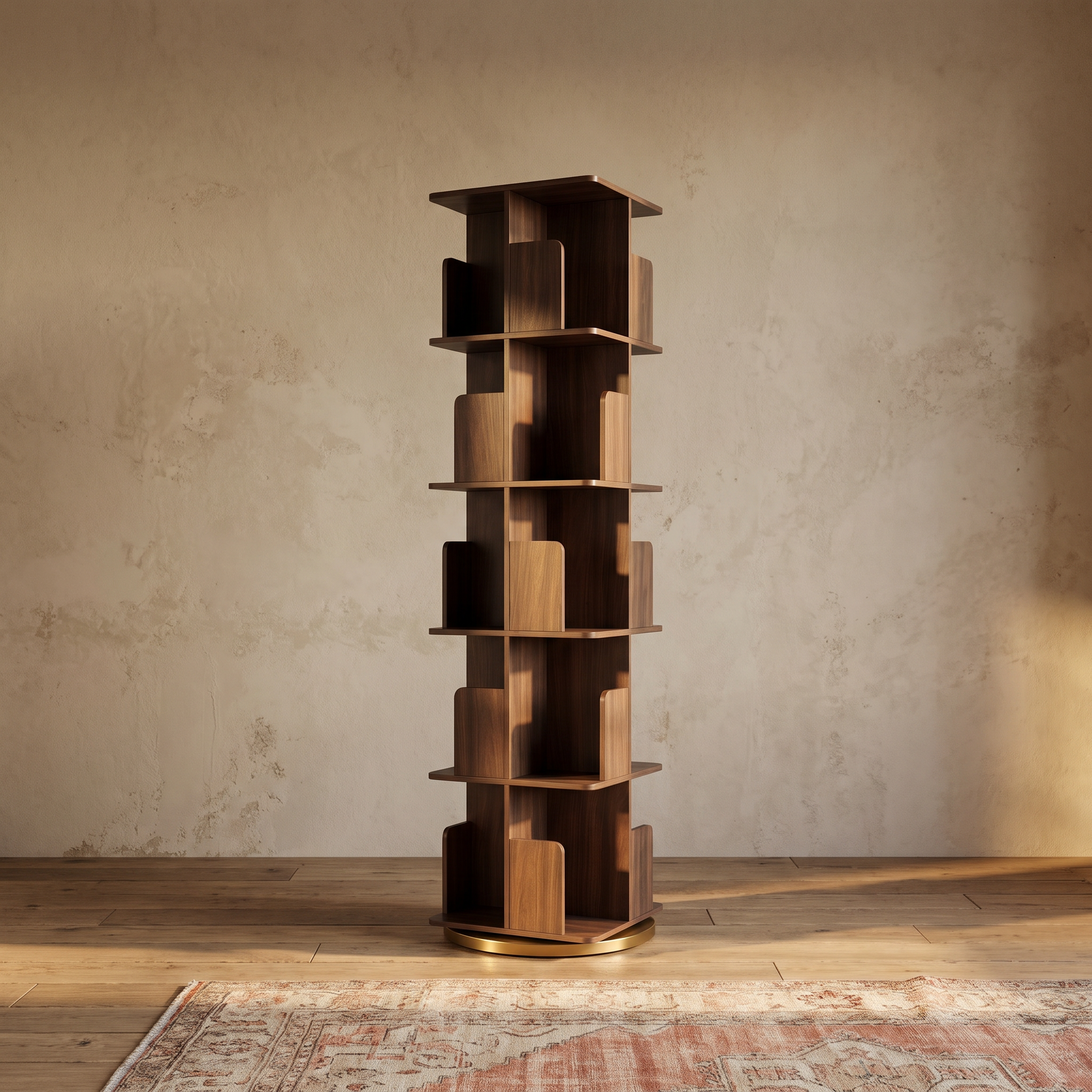 Almeria rotating bookshelf, low angle showing the turntable base