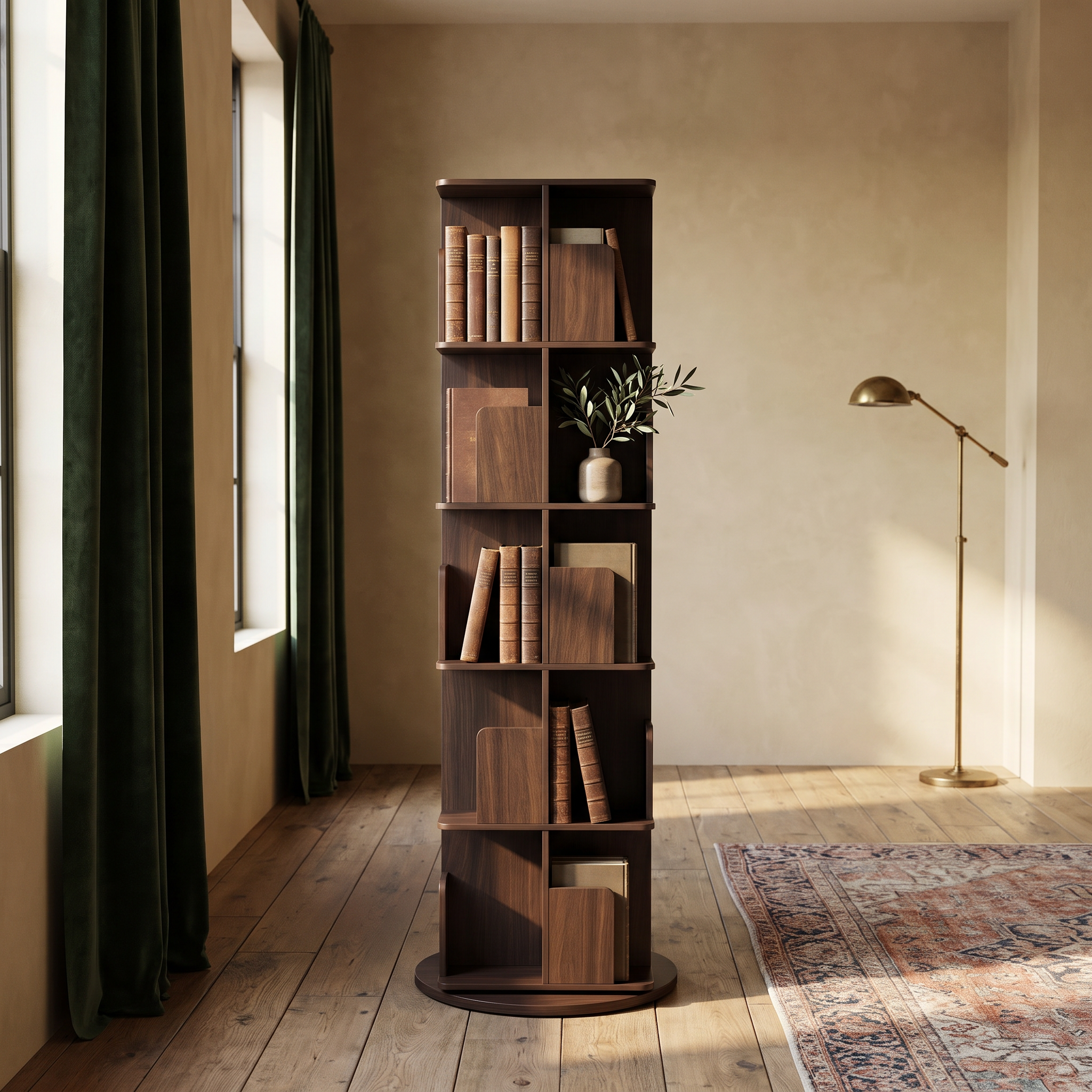 Almeria rotating bookshelf in the corner of a study