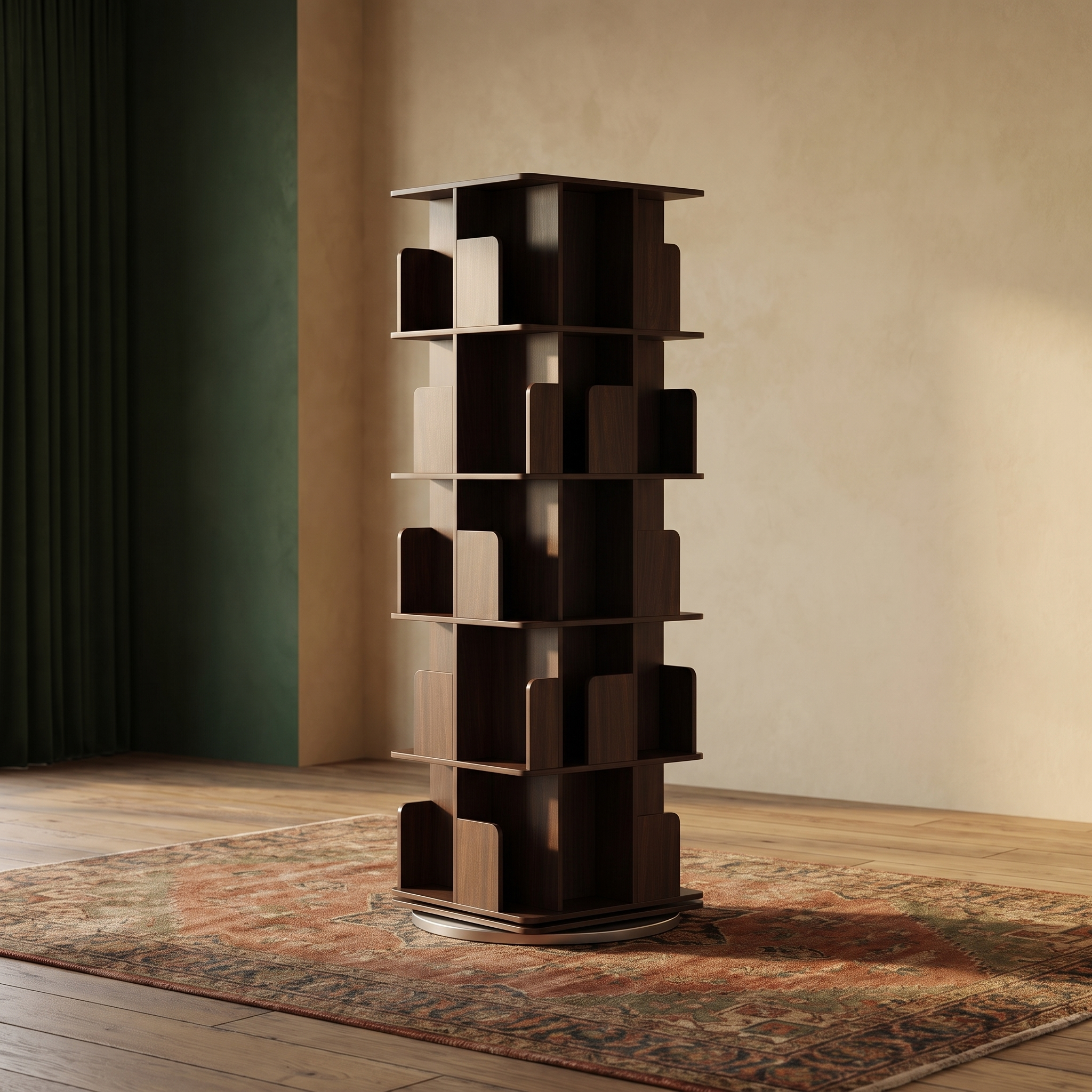 Almeria rotating bookshelf, three quarter view showing the tiers