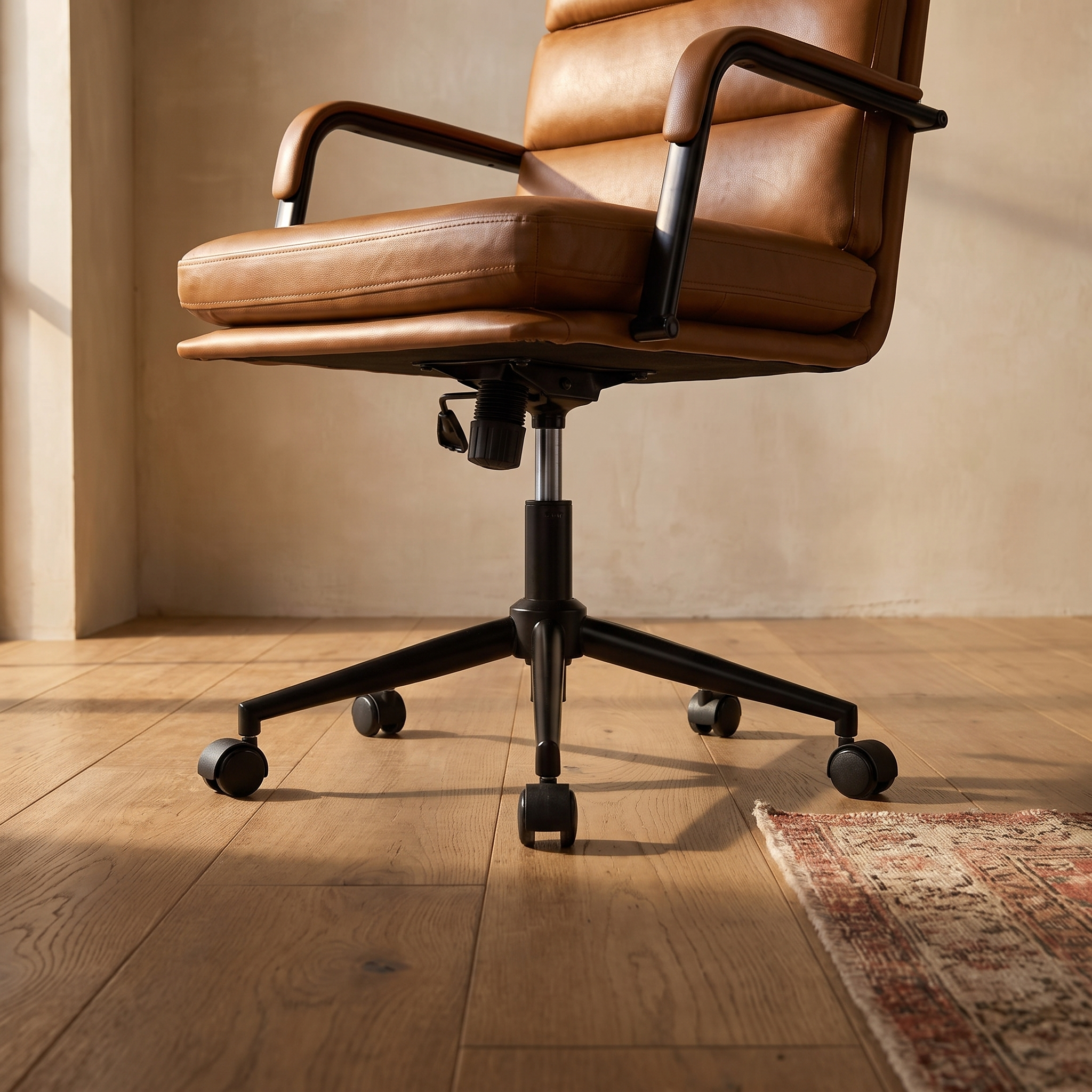 Bastian task chair, low angle showing the five star base and castors