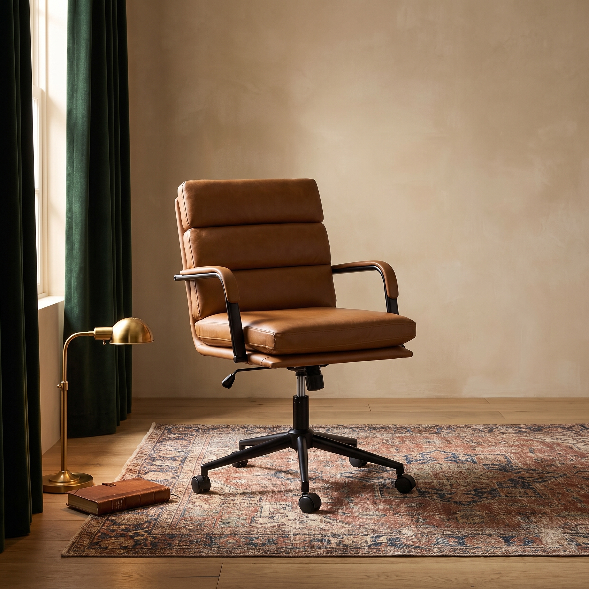 Bastian task chair in a private study with a brass desk lamp
