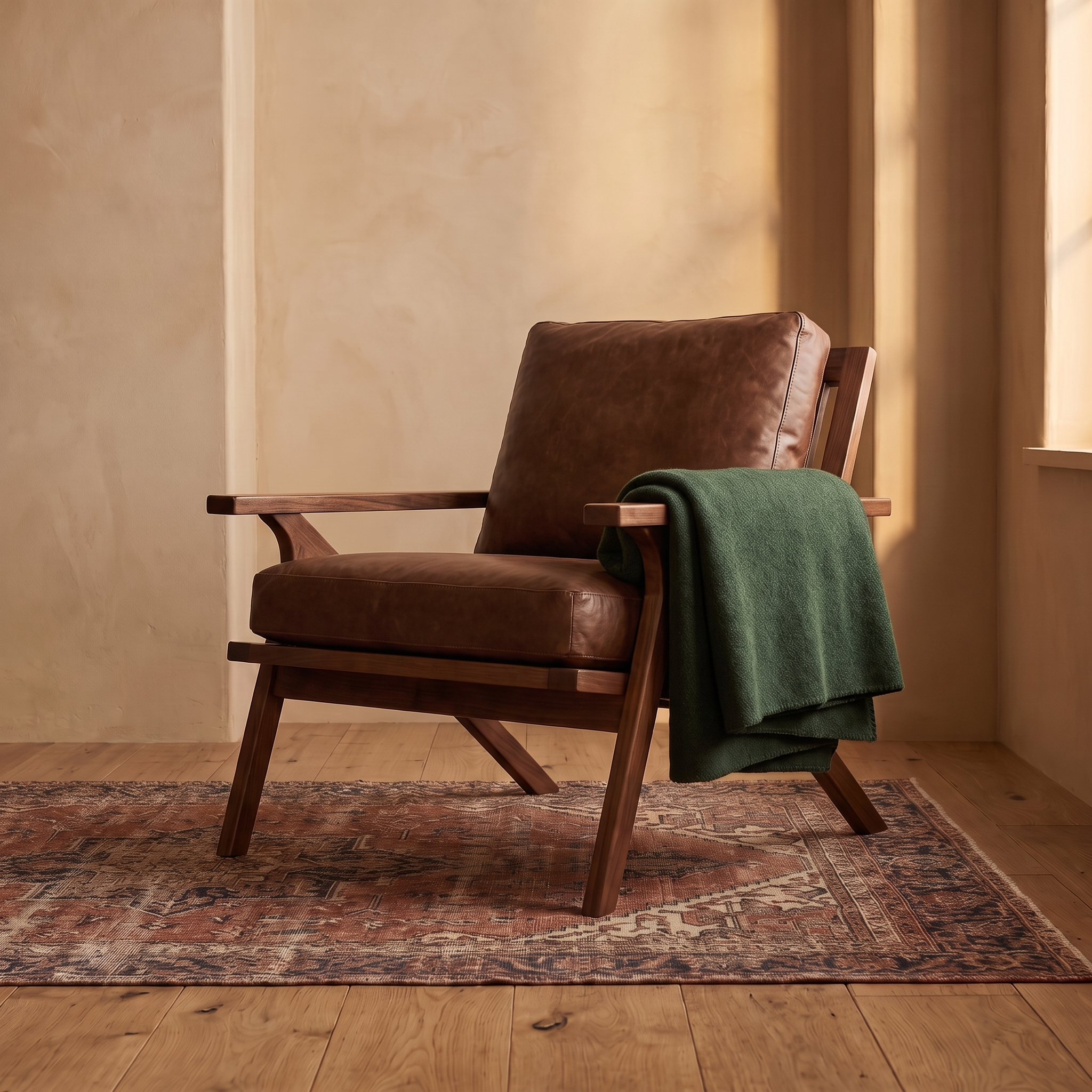 Halvern armchair with cushions and a forest green throw, low angle