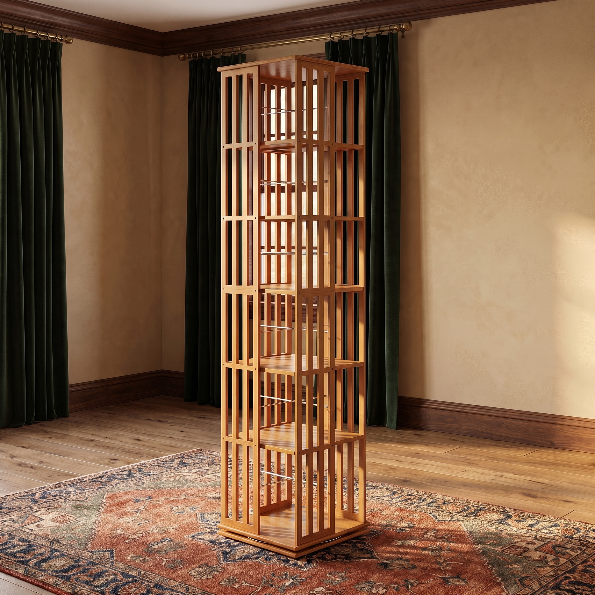Cordova rotating bamboo storage rack styled in a room
