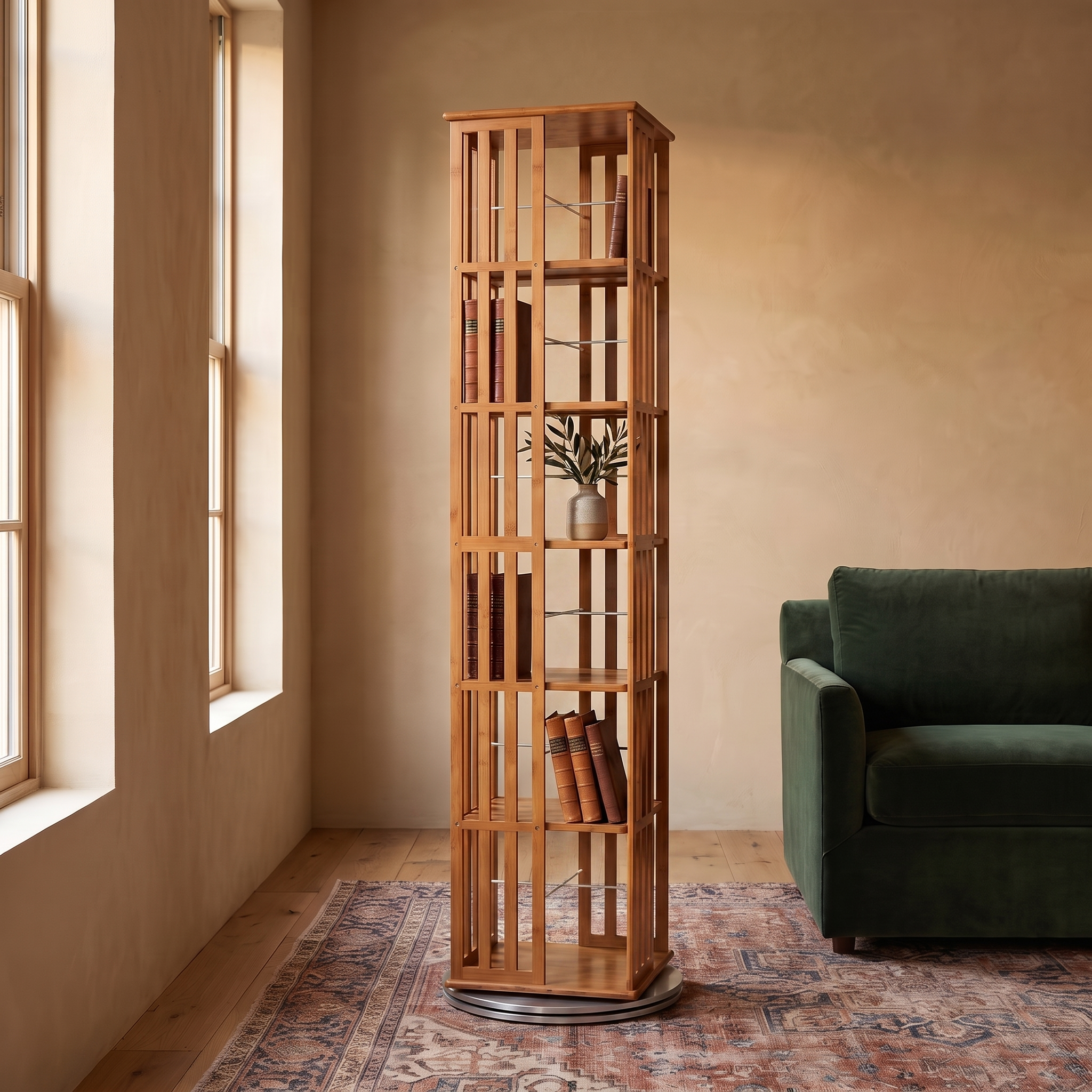 Cordova rotating bamboo storage rack styled with books in a room