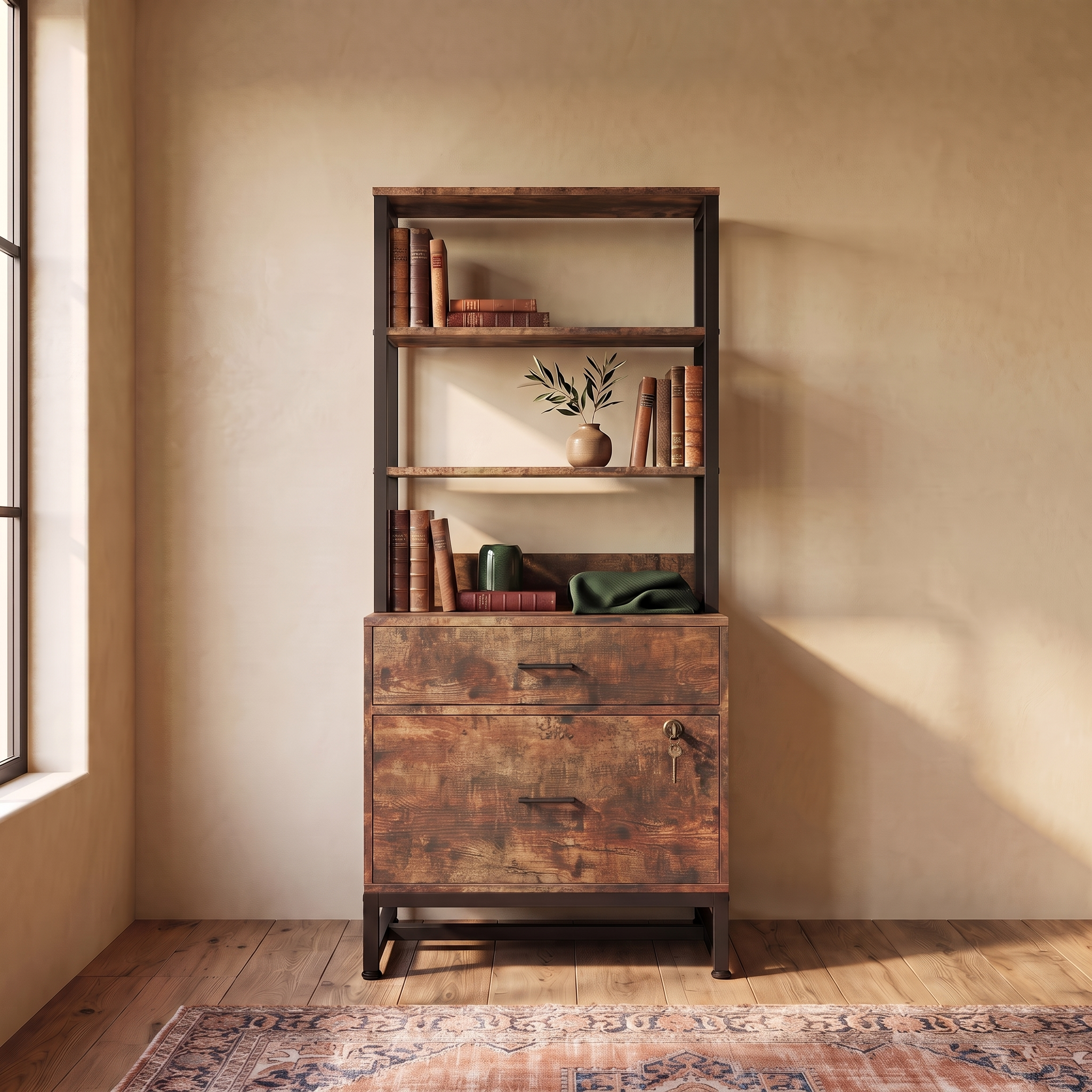 Marbella lockable two drawer file cabinet with four tier bookshelf in a room