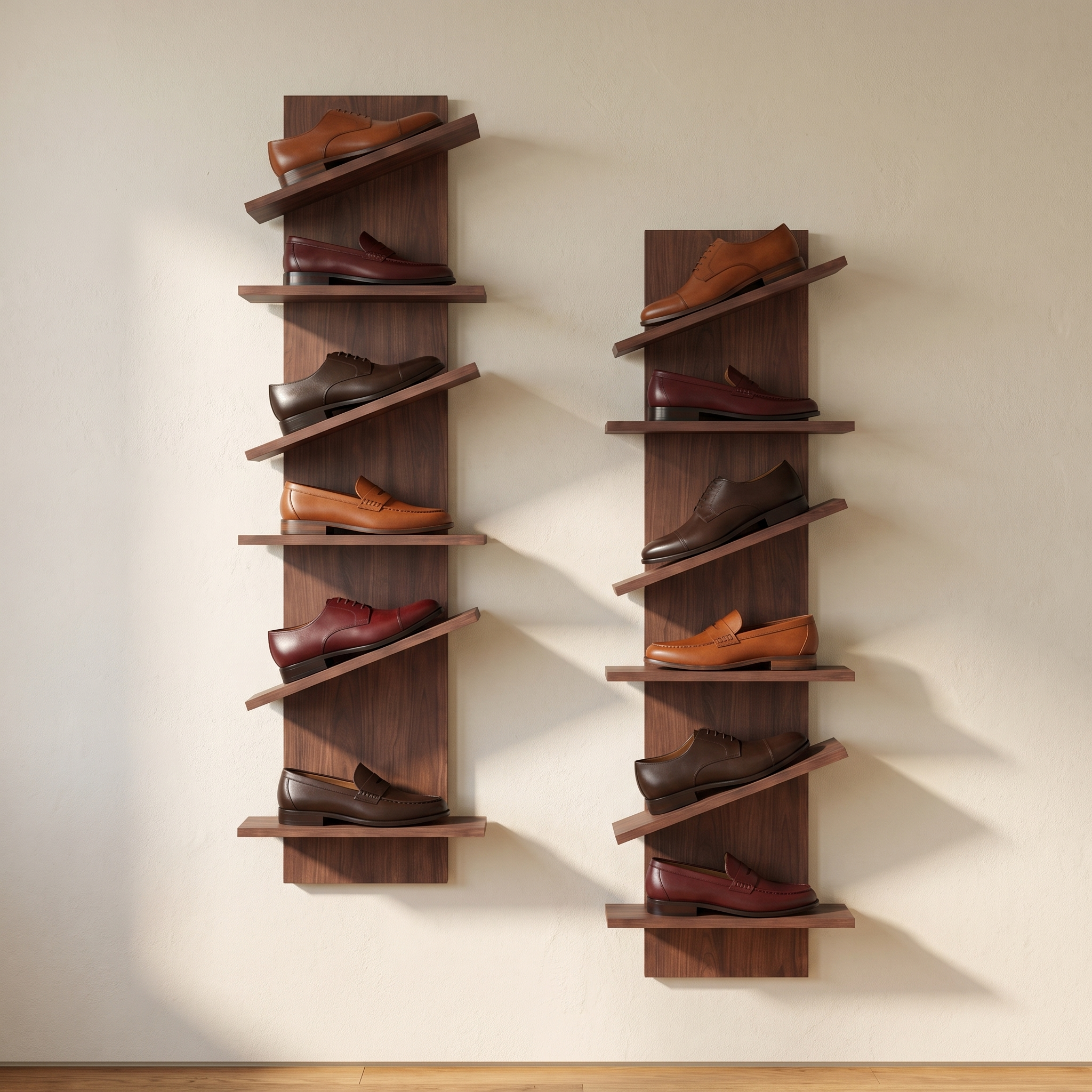 Duero shoe display shelf set holding six pairs in an entryway