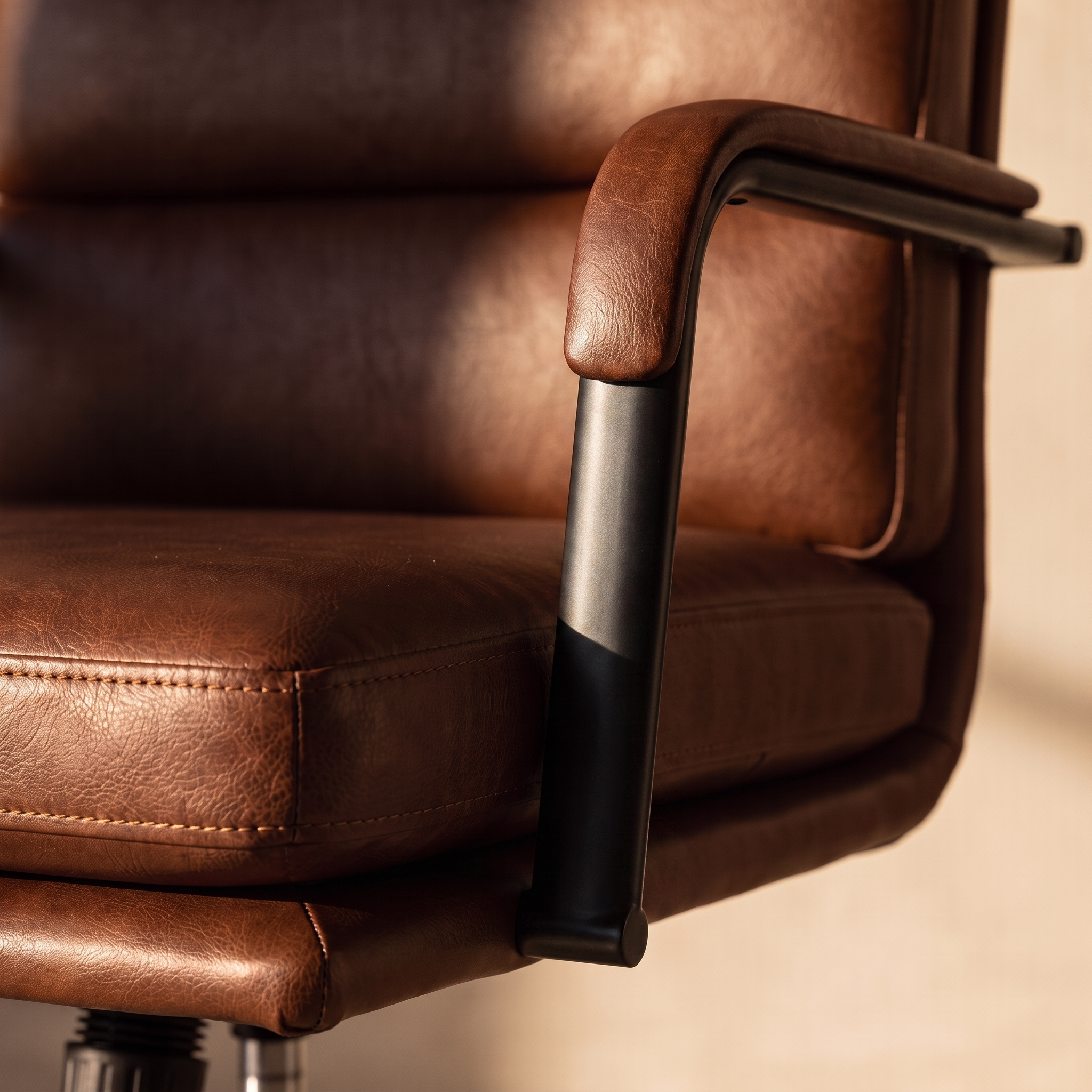 Bastian office chair armrest and leather stitching detail
