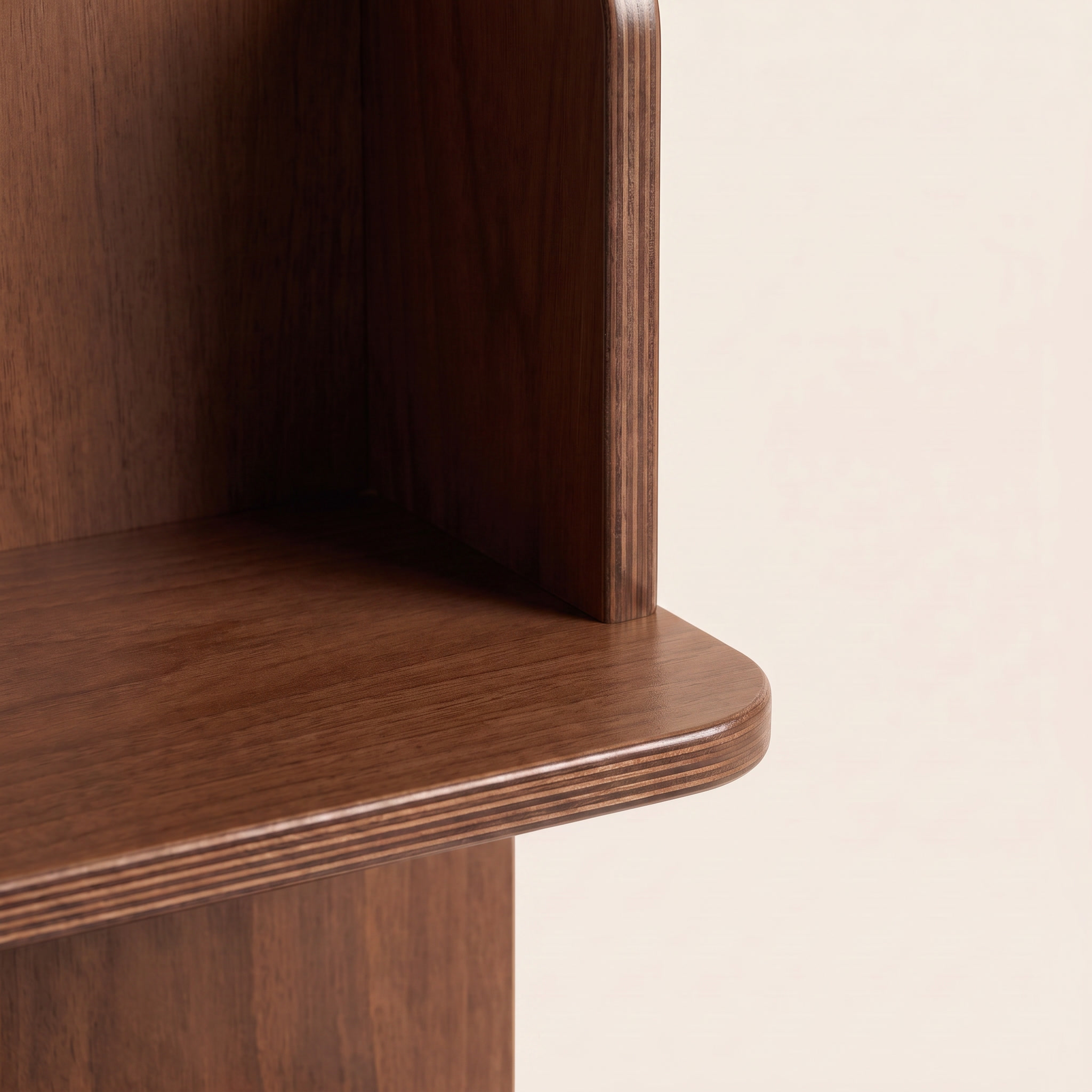 Almeria rotating plywood bookshelf shelf edge and plywood layer detail