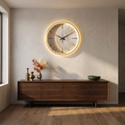 Selene clock type 1 above a walnut console at dusk
